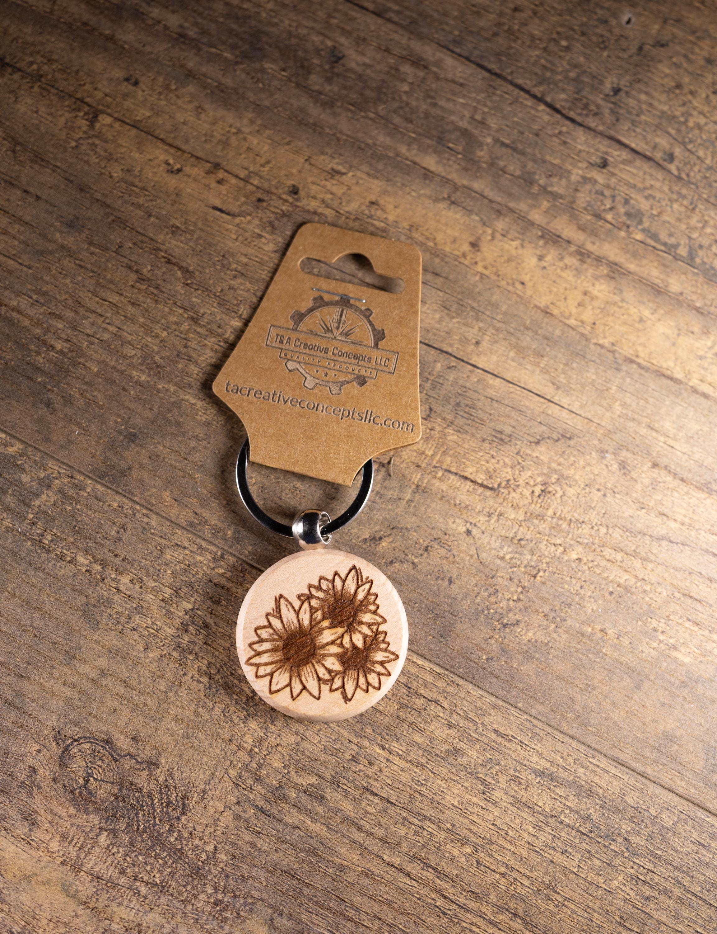 Laser Engraved Wood Sunflower Keychain / Bag Charm – Hardwood with Stainless Hardware – Flower Lover Gift