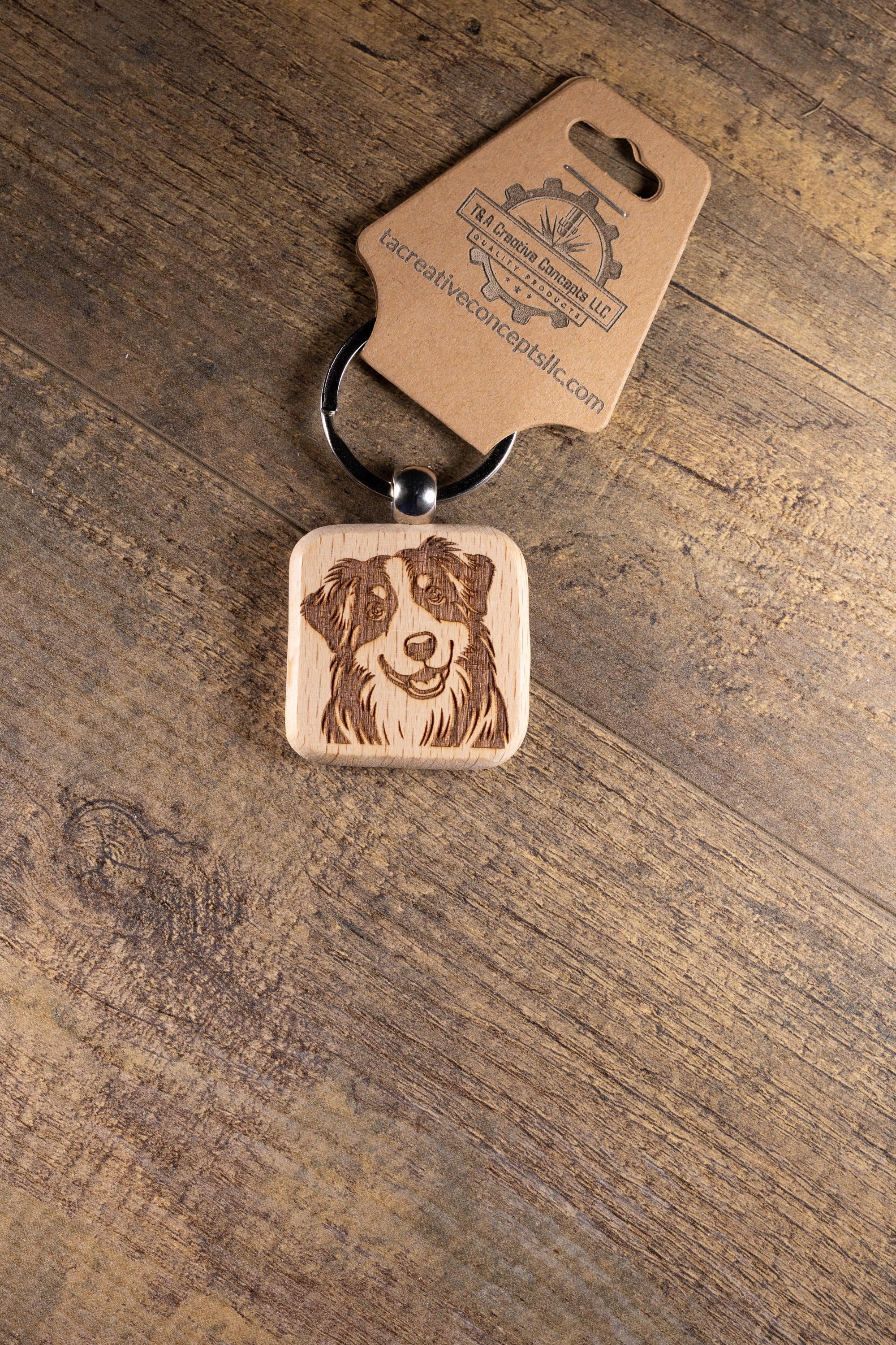 Laser Engraved Wood Australian Shepherd Keychain / Bag Charm – Hardwood with Stainless Hardware – Dog Lover Gift