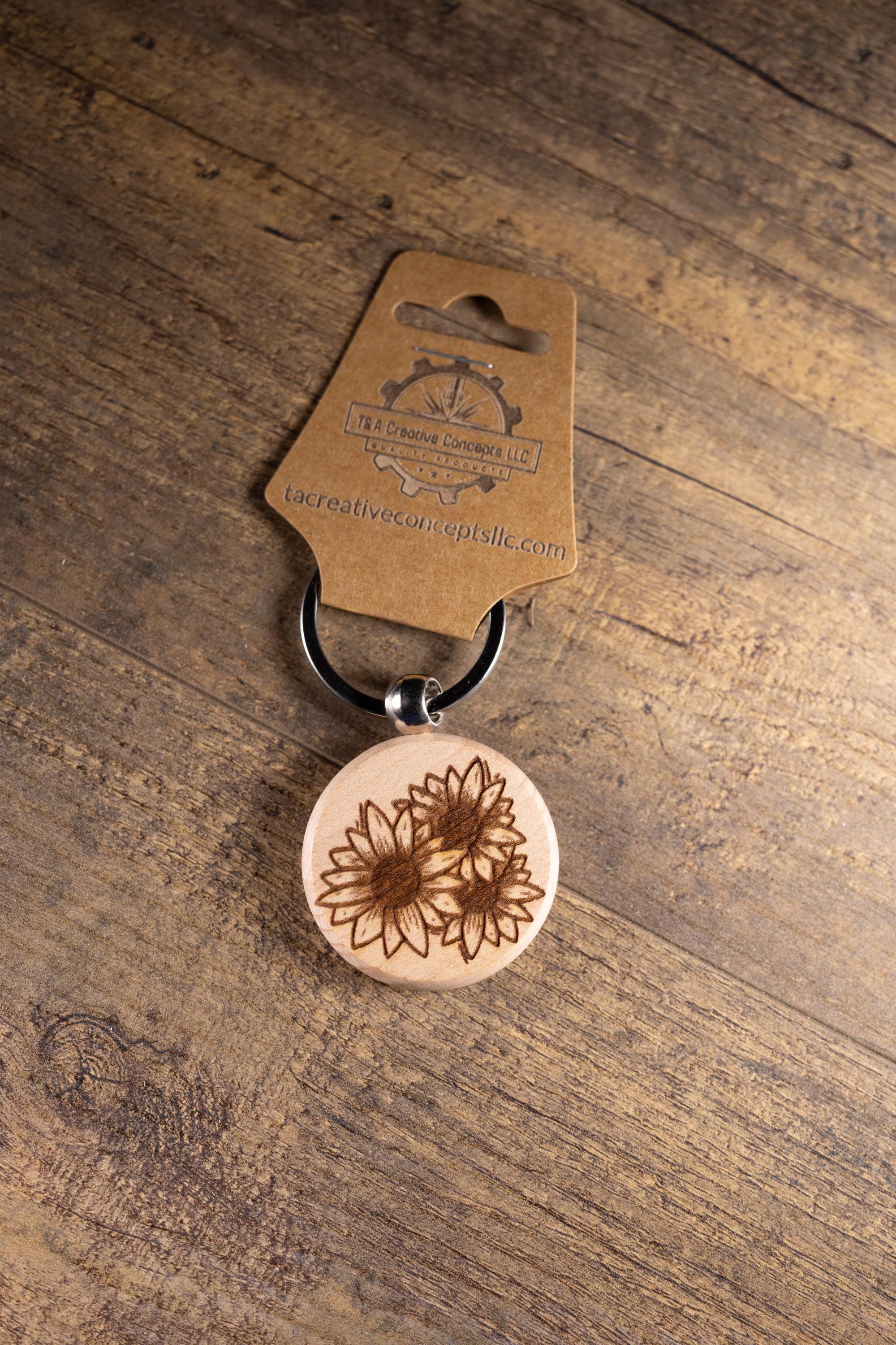 Laser Engraved Wood Sunflower Keychain / Bag Charm – Hardwood with Stainless Hardware – Flower Lover Gift