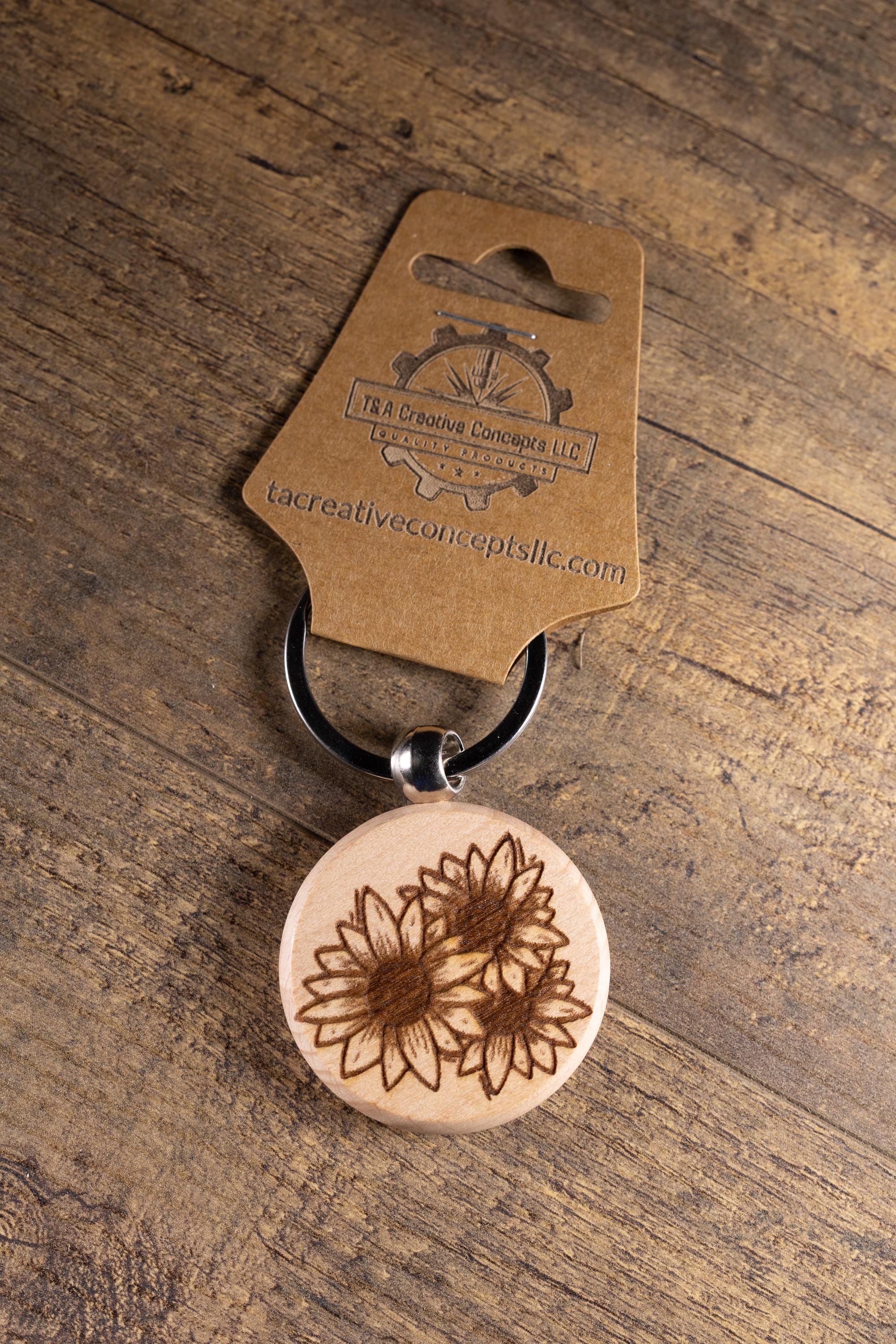 Laser Engraved Wood Sunflower Keychain / Bag Charm – Hardwood with Stainless Hardware – Flower Lover Gift