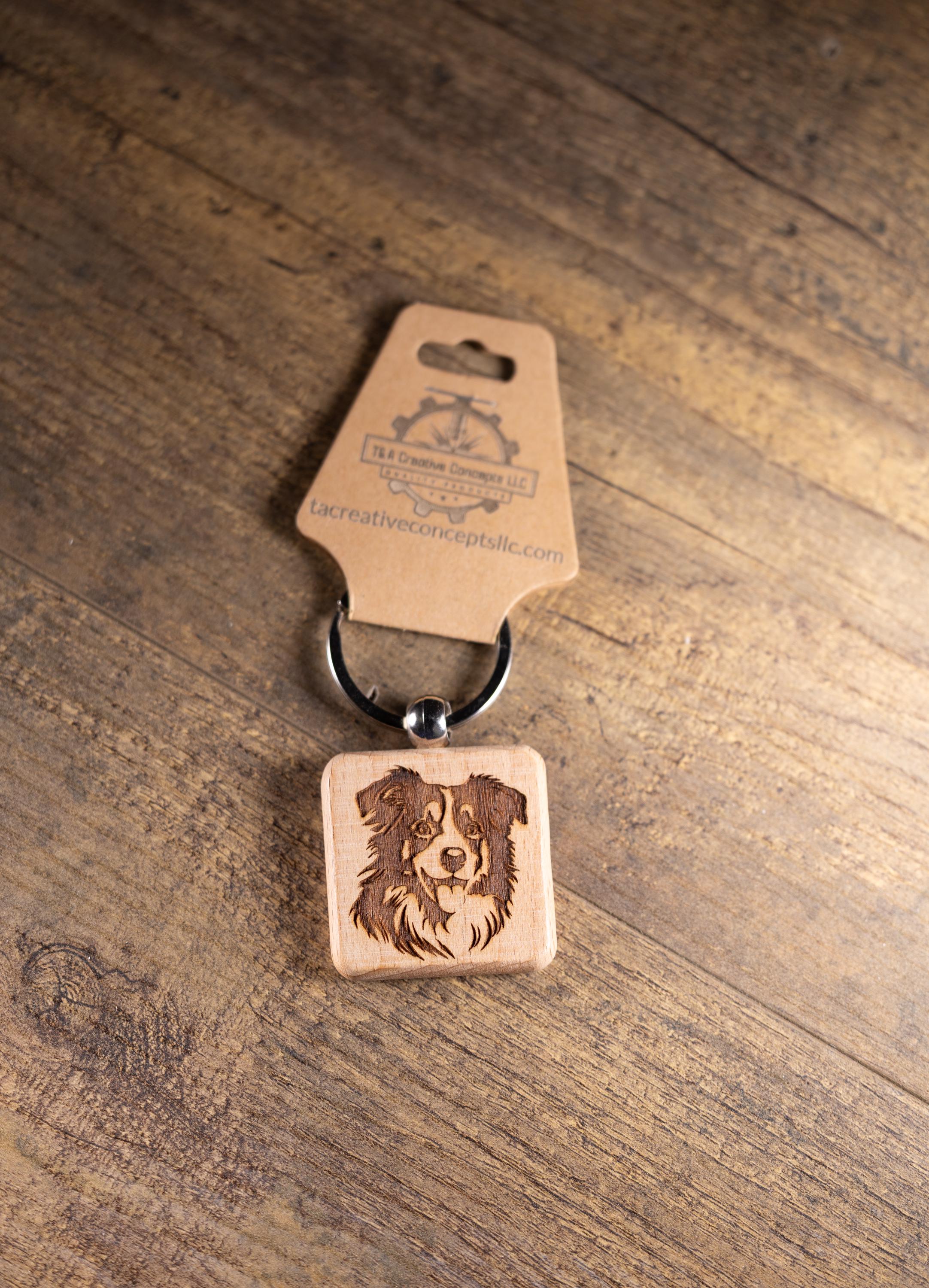 Laser Engraved Wood Australian Shepherd Keychain / Bag Charm – Hardwood with Stainless Hardware – Dog Lover Gift