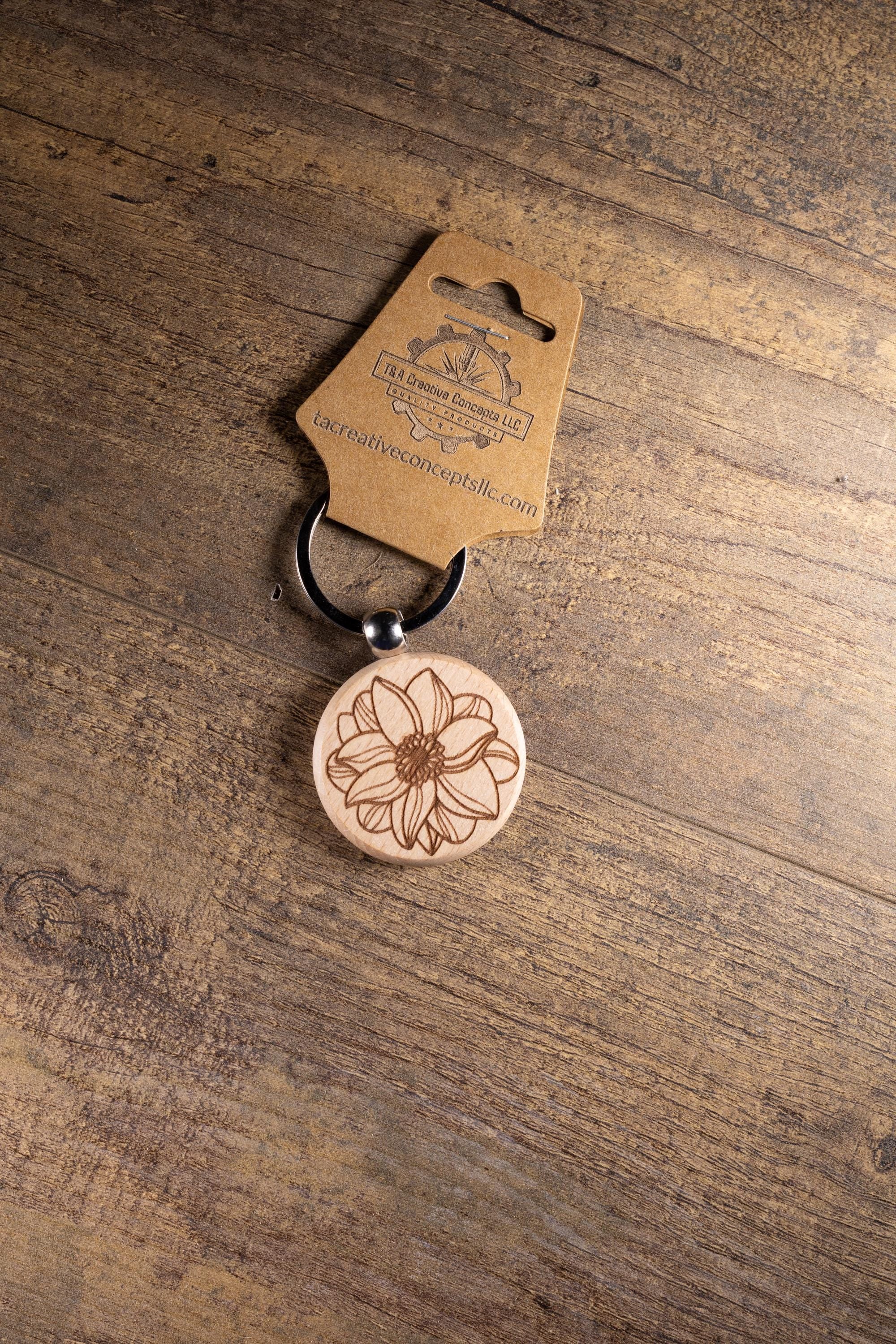 Laser Engraved Wood Flower Mandala Keychain / Bag Charm – Hardwood with Stainless Hardware