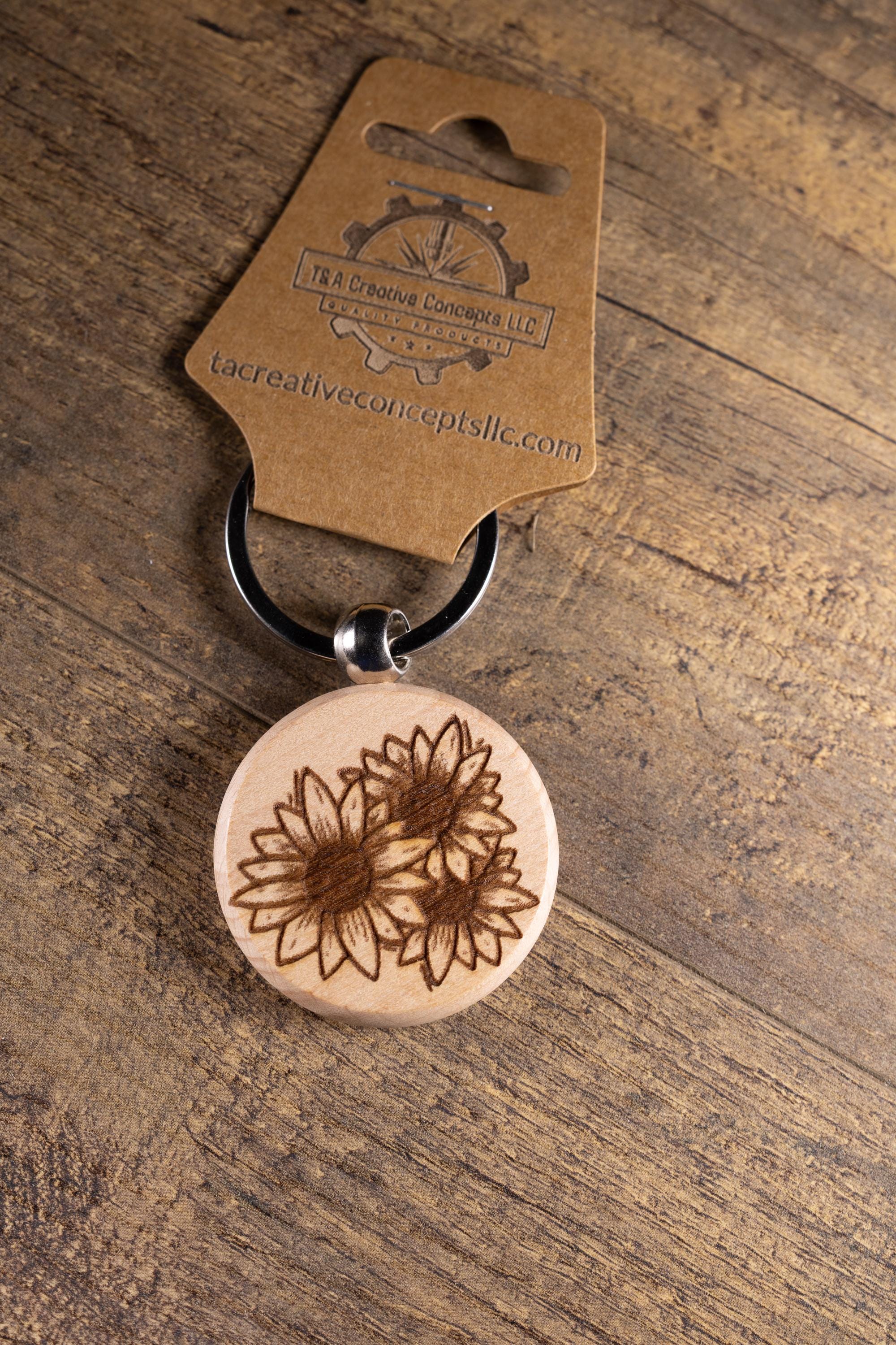 Laser Engraved Wood Sunflower Keychain / Bag Charm – Hardwood with Stainless Hardware – Flower Lover Gift