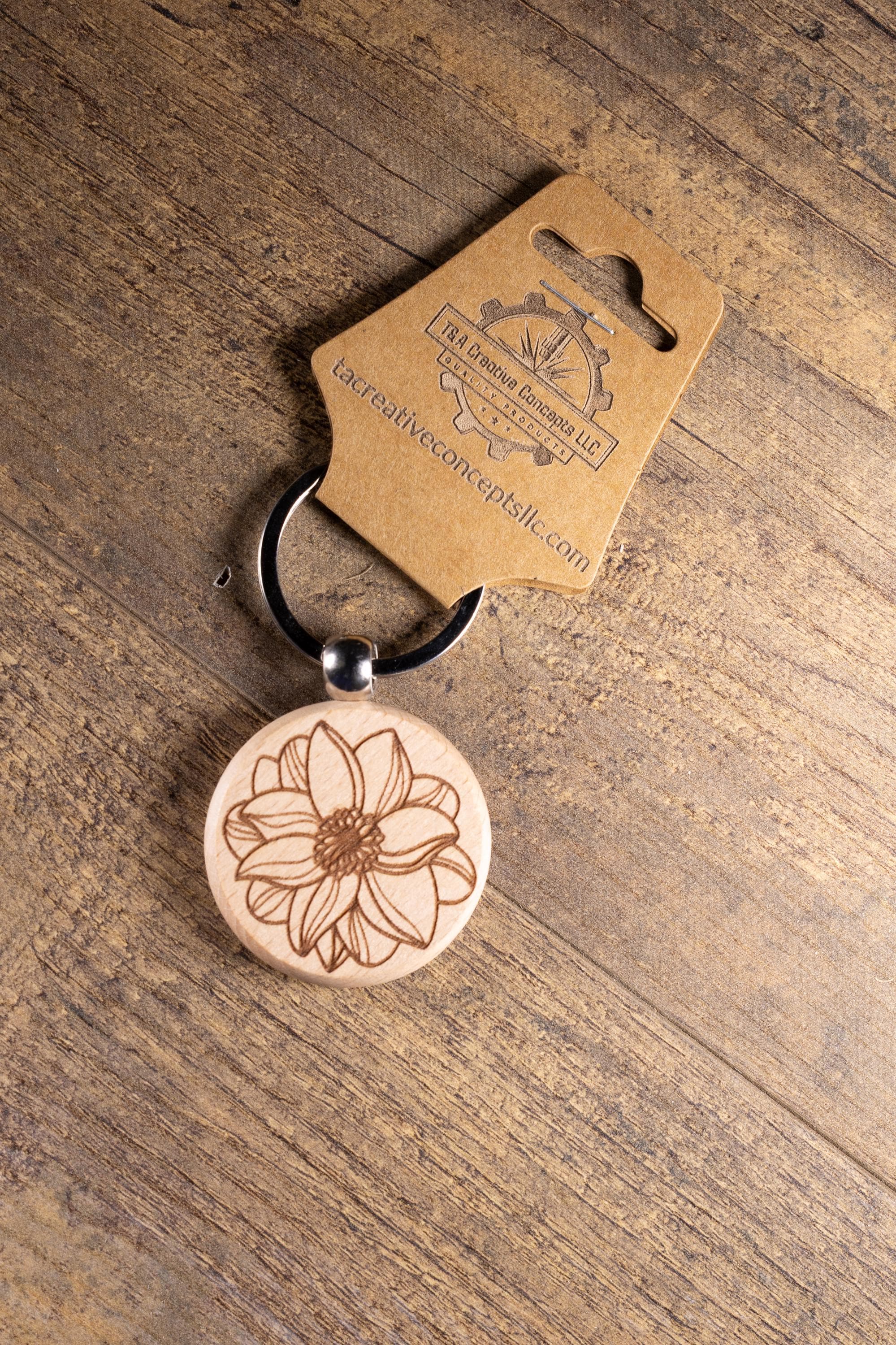 Laser Engraved Wood Flower Mandala Keychain / Bag Charm – Hardwood with Stainless Hardware