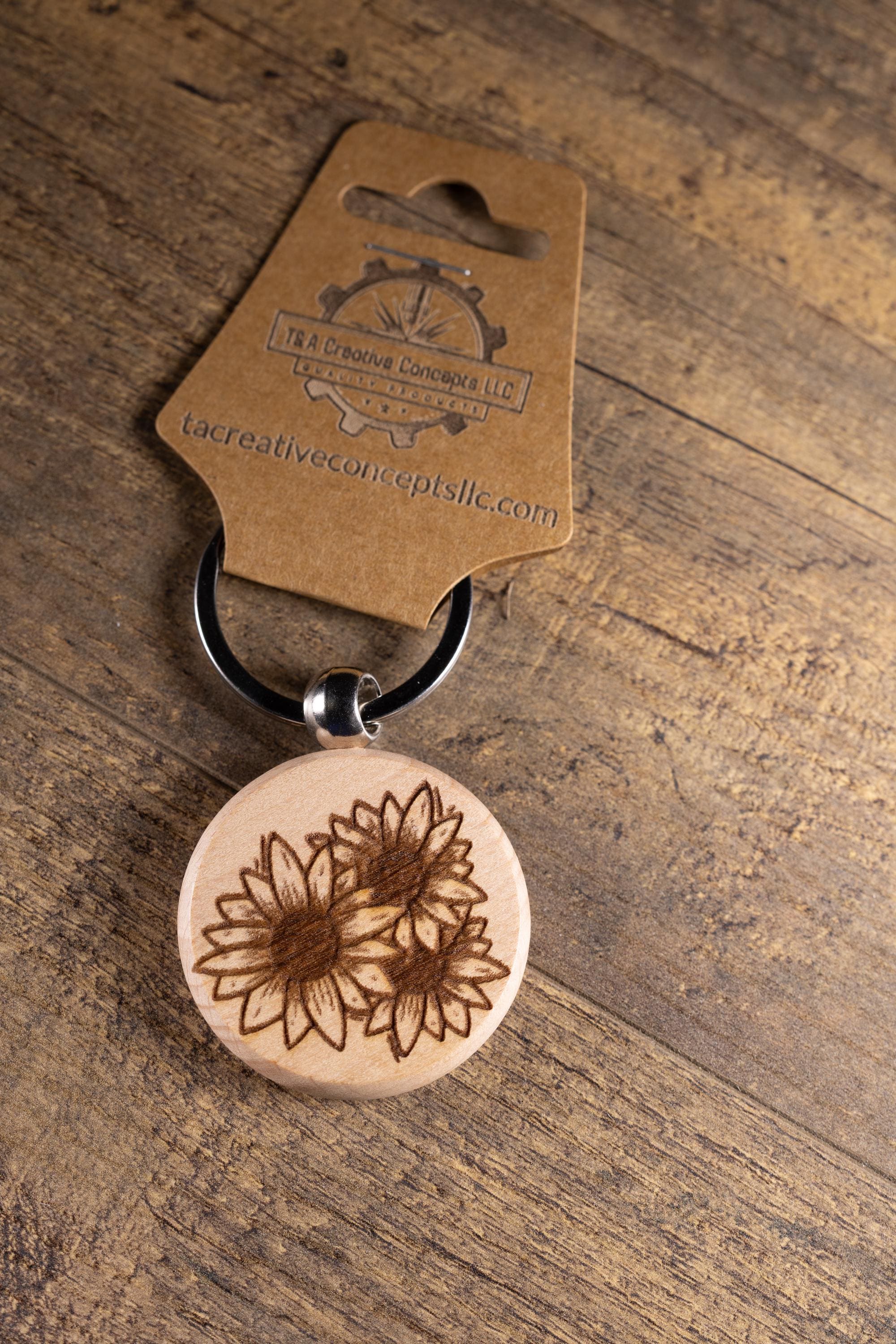 Laser Engraved Wood Sunflower Keychain / Bag Charm – Hardwood with Stainless Hardware – Flower Lover Gift