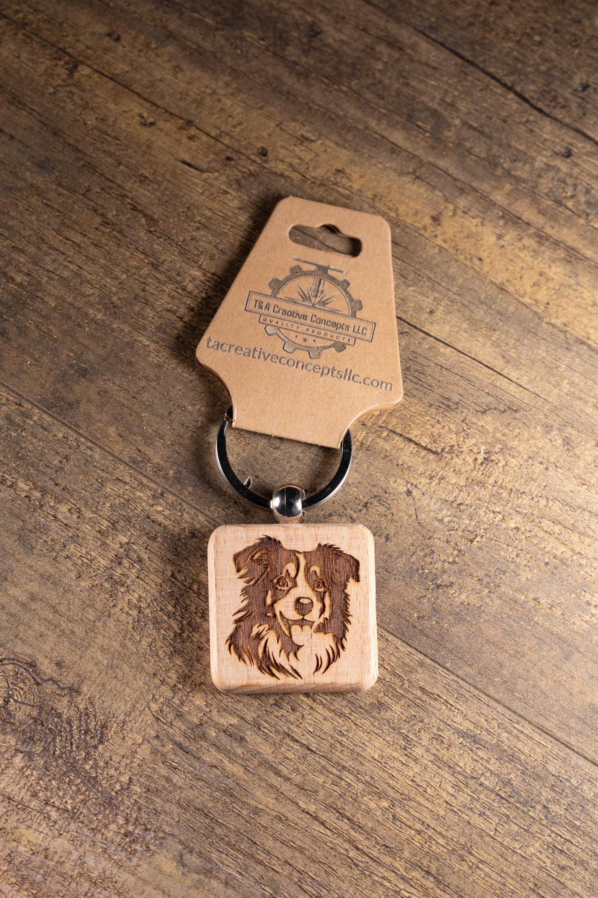 Laser Engraved Wood Australian Shepherd Keychain / Bag Charm – Hardwood with Stainless Hardware – Dog Lover Gift