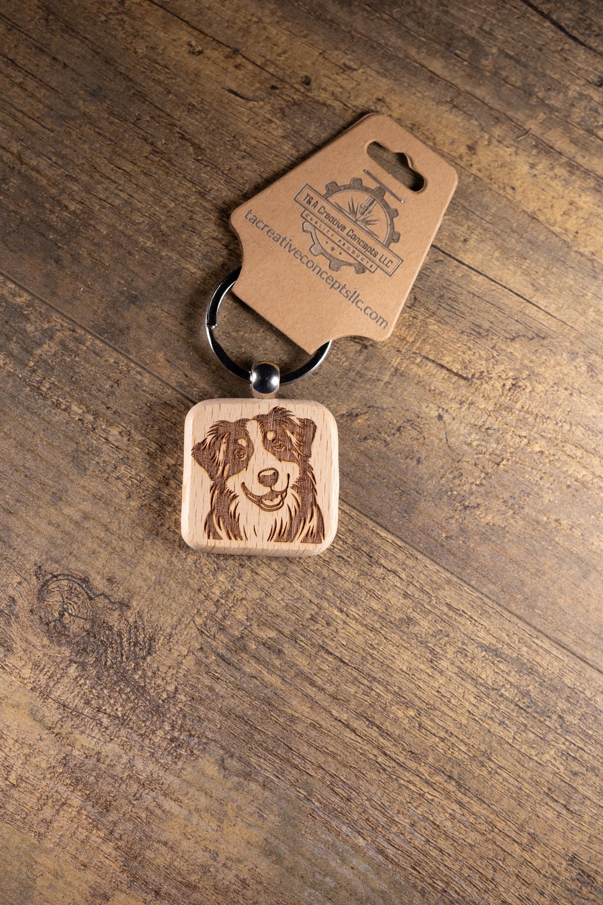 Laser Engraved Wood Australian Shepherd Keychain / Bag Charm – Hardwood with Stainless Hardware – Dog Lover Gift
