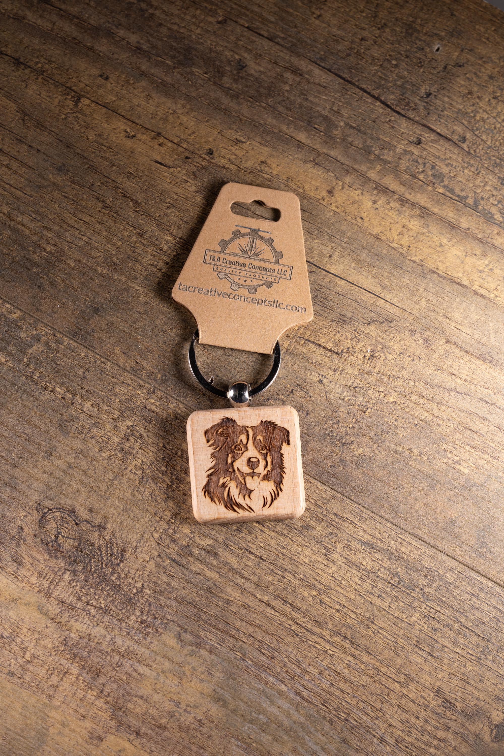 Laser Engraved Wood Australian Shepherd Keychain / Bag Charm – Hardwood with Stainless Hardware – Dog Lover Gift