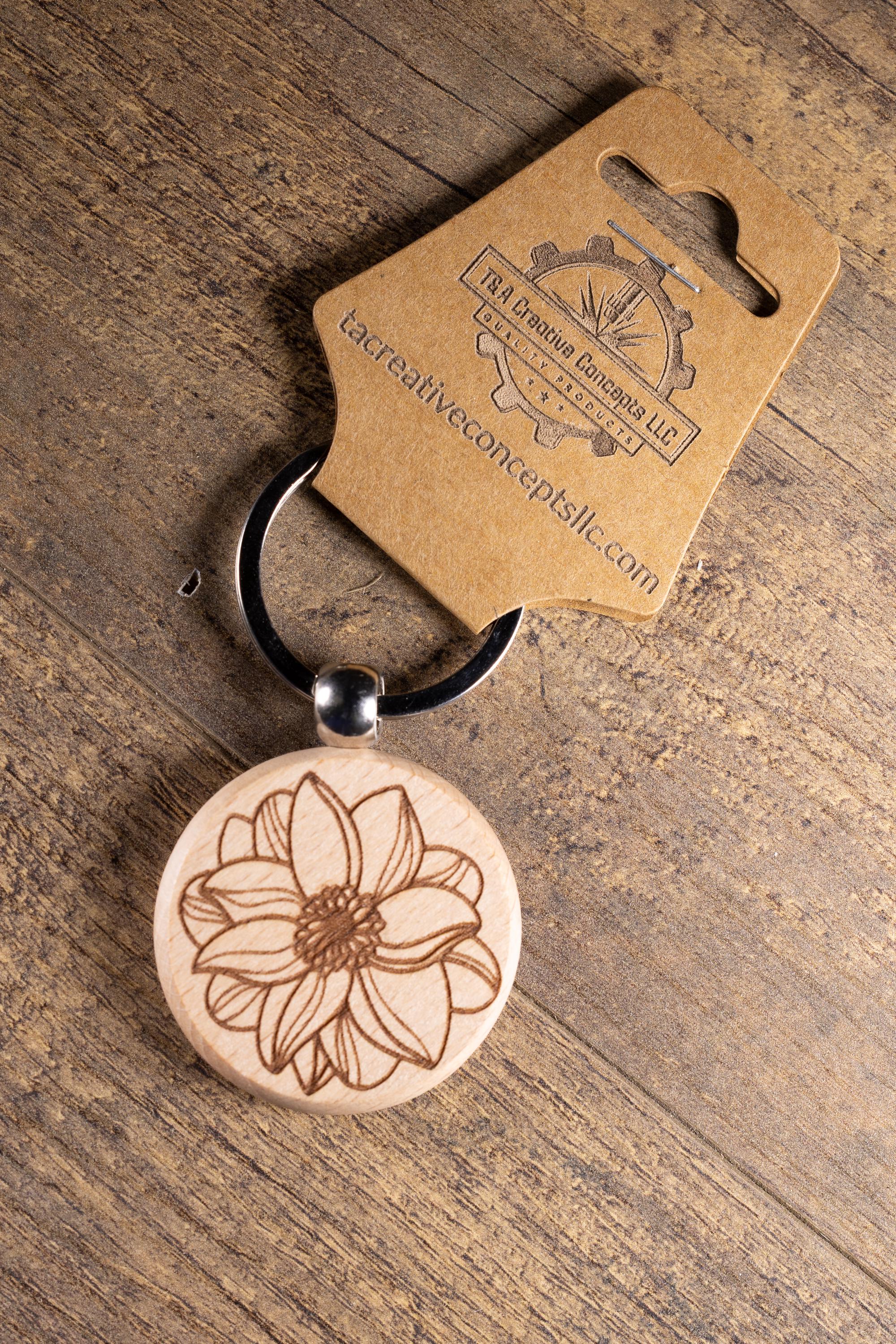 Laser Engraved Wood Flower Mandala Keychain / Bag Charm – Hardwood with Stainless Hardware