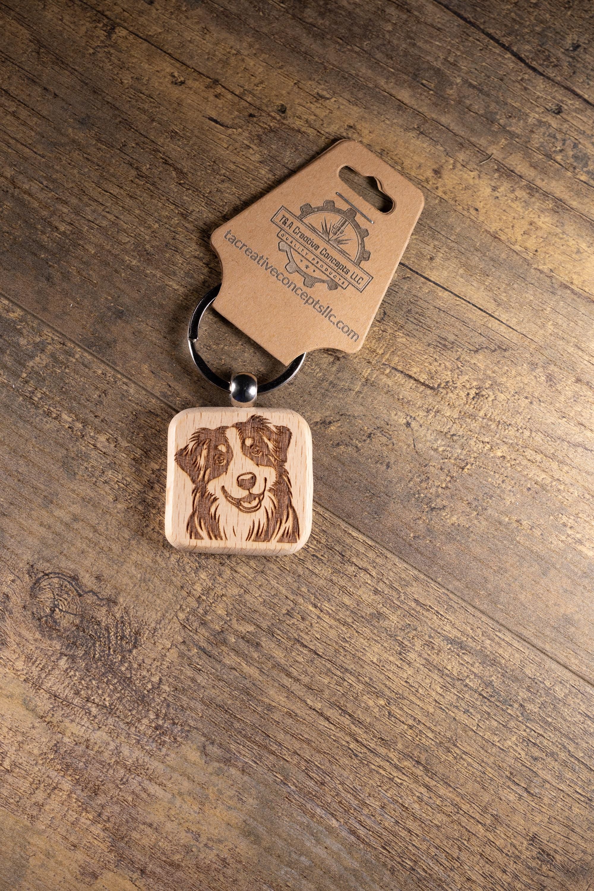 Laser Engraved Wood Australian Shepherd Keychain / Bag Charm – Hardwood with Stainless Hardware – Dog Lover Gift