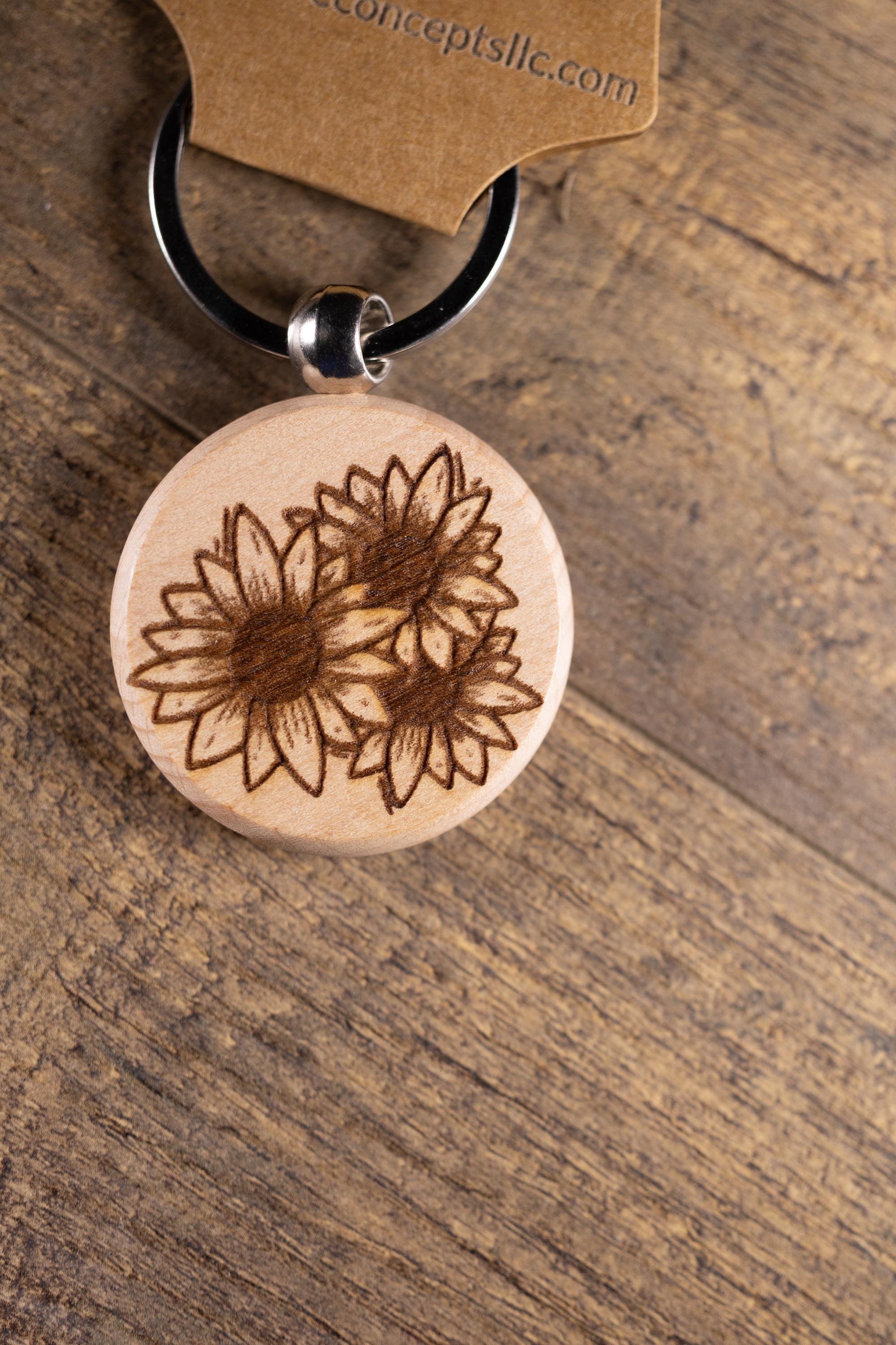 Laser Engraved Wood Sunflower Keychain / Bag Charm – Hardwood with Stainless Hardware – Flower Lover Gift
