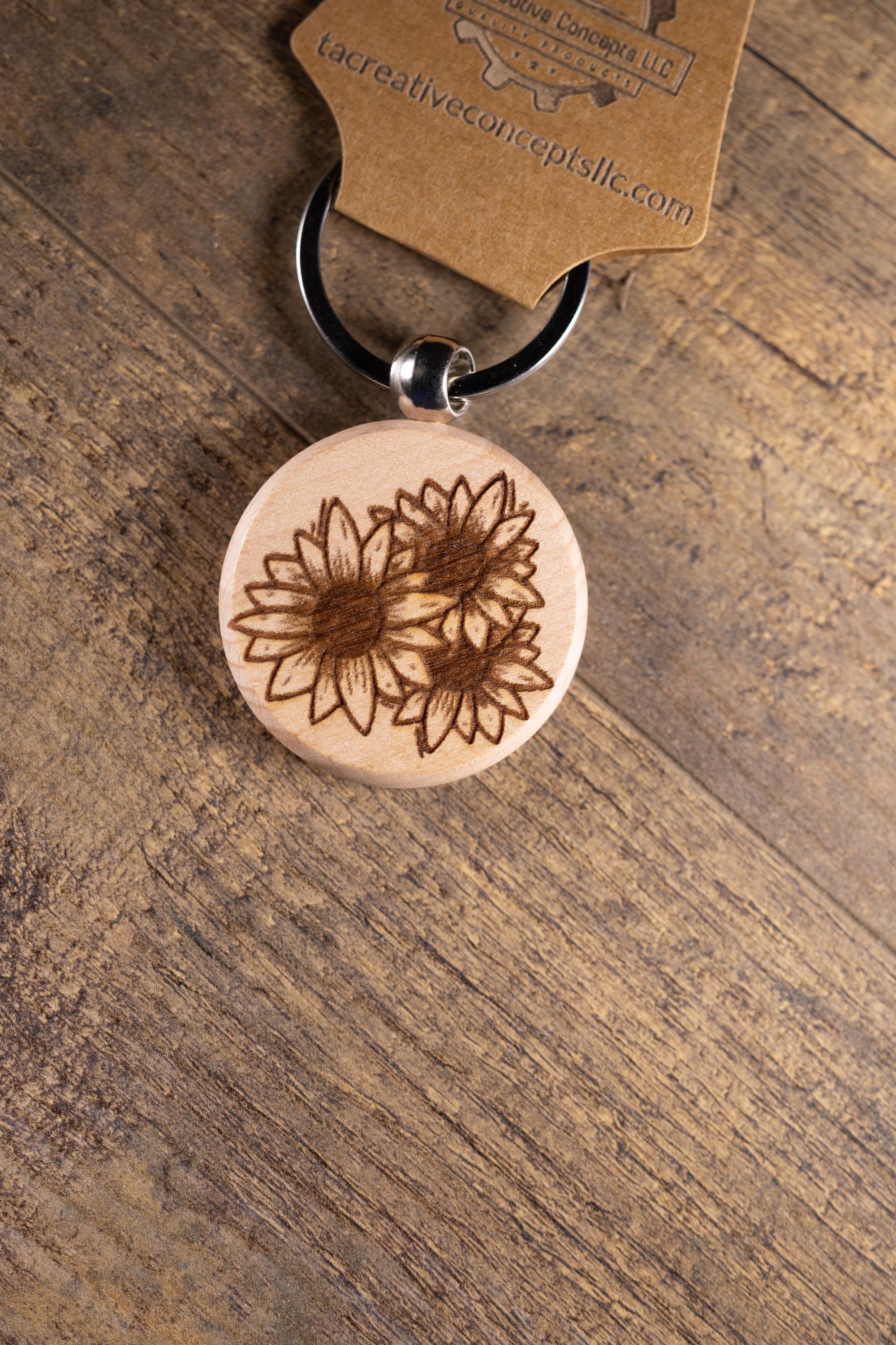 Laser Engraved Wood Sunflower Keychain / Bag Charm – Hardwood with Stainless Hardware – Flower Lover Gift