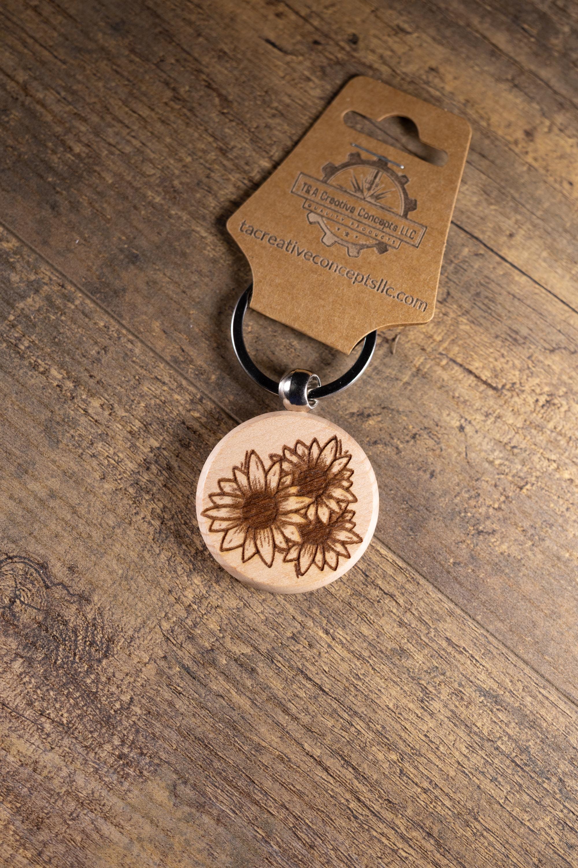Laser Engraved Wood Sunflower Keychain / Bag Charm – Hardwood with Stainless Hardware – Flower Lover Gift