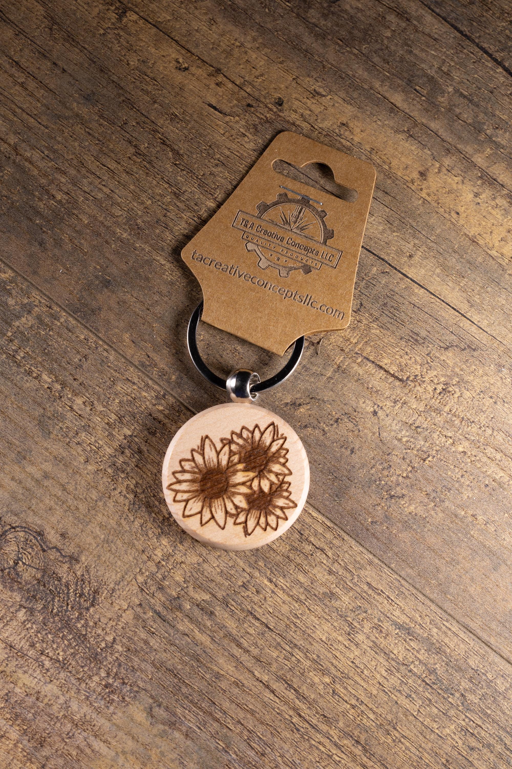 Laser Engraved Wood Sunflower Keychain / Bag Charm – Hardwood with Stainless Hardware – Flower Lover Gift