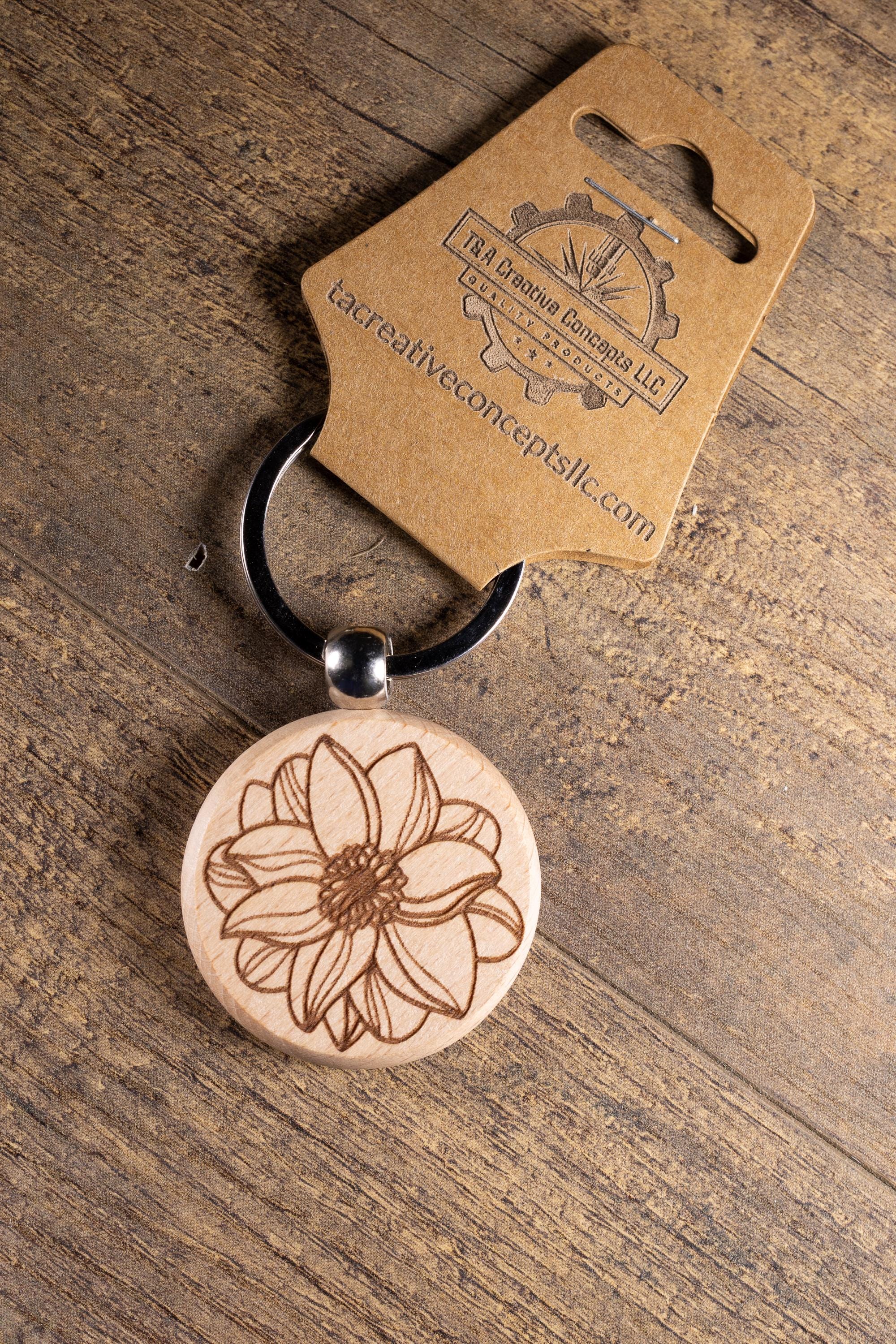 Laser Engraved Wood Flower Mandala Keychain / Bag Charm – Hardwood with Stainless Hardware