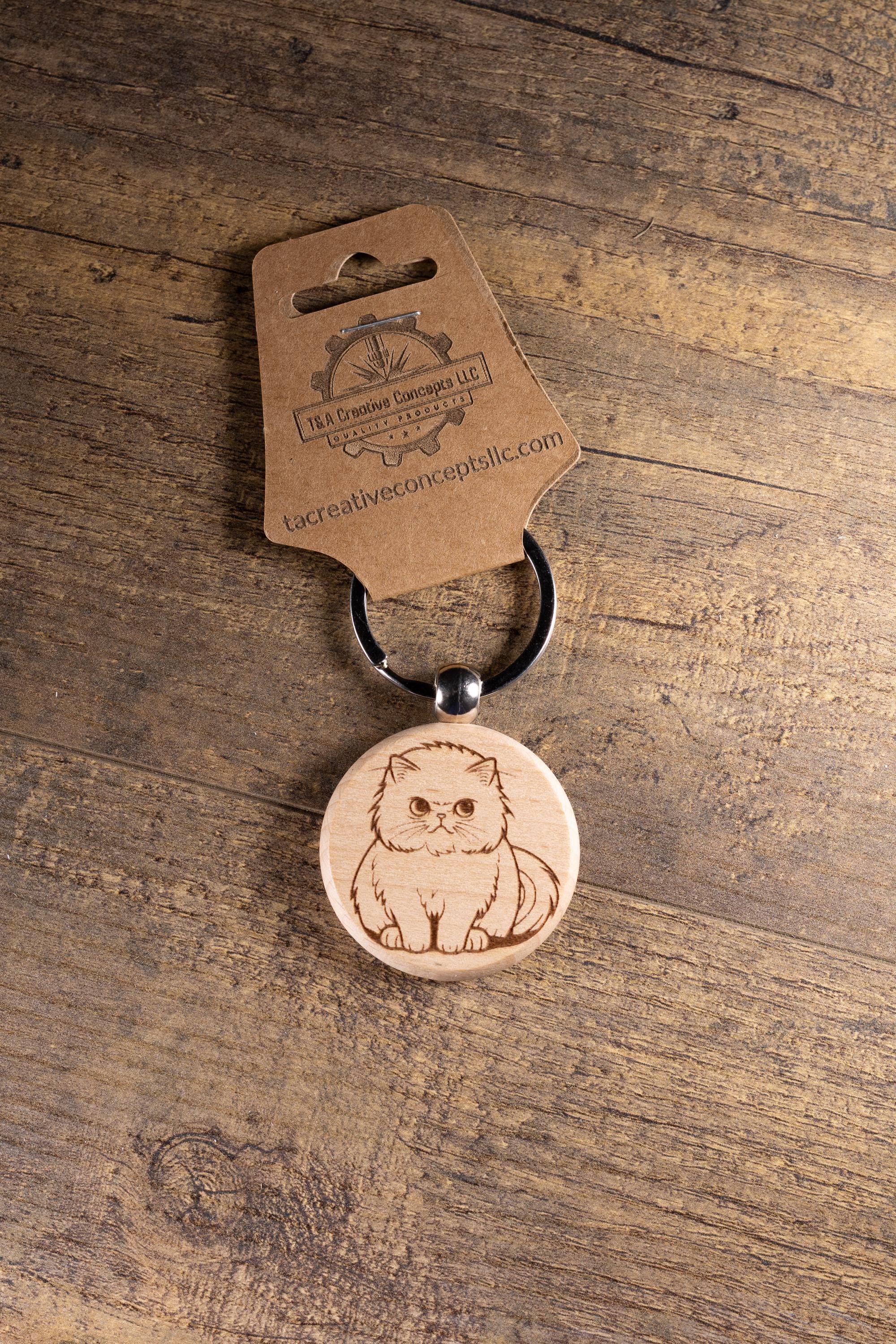 Laser Engraved Wood Cat Keychain / Bag Charm – Cute Cat Lover Gift – Natural Wood Cat Accessory