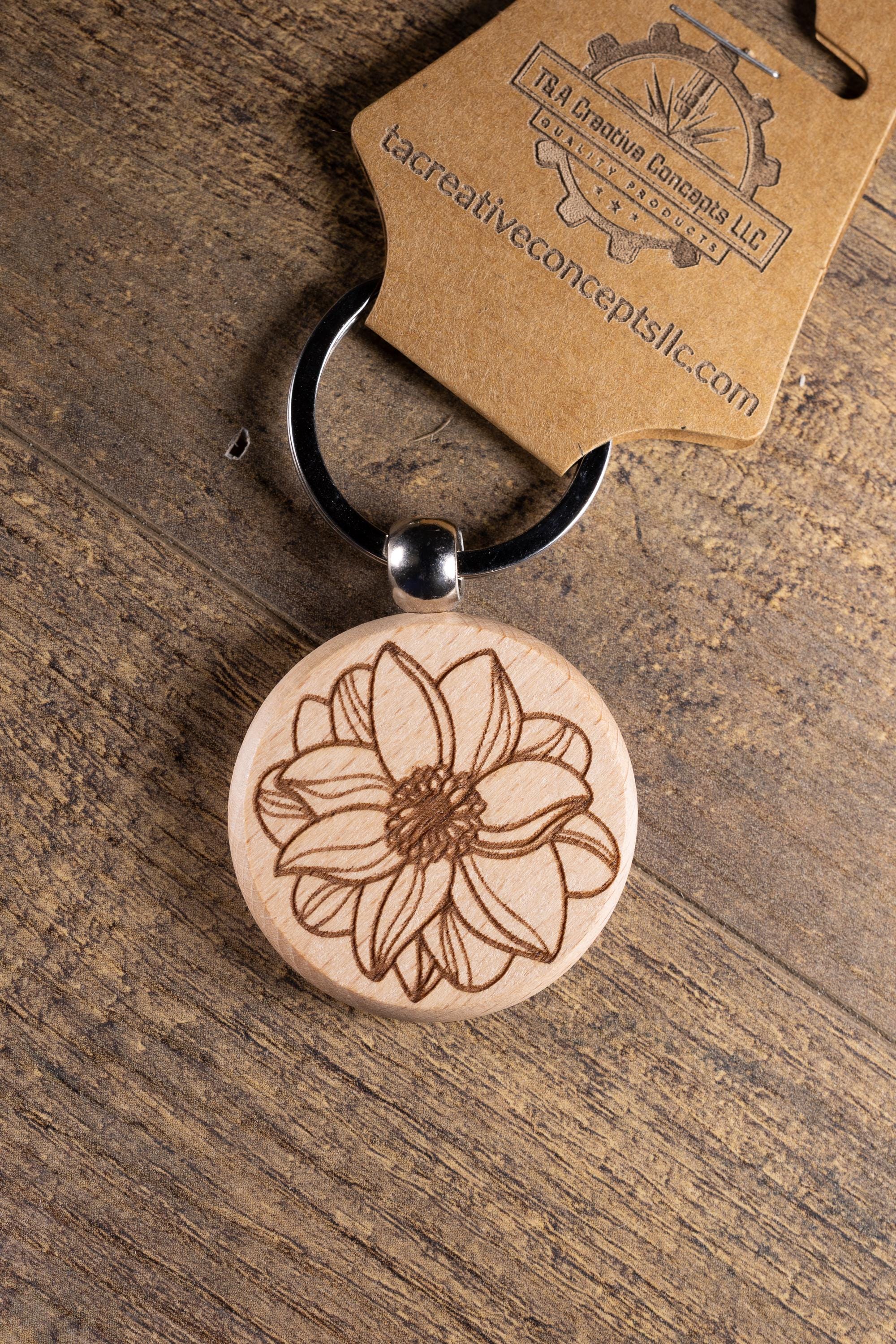 Laser Engraved Wood Flower Mandala Keychain / Bag Charm – Hardwood with Stainless Hardware