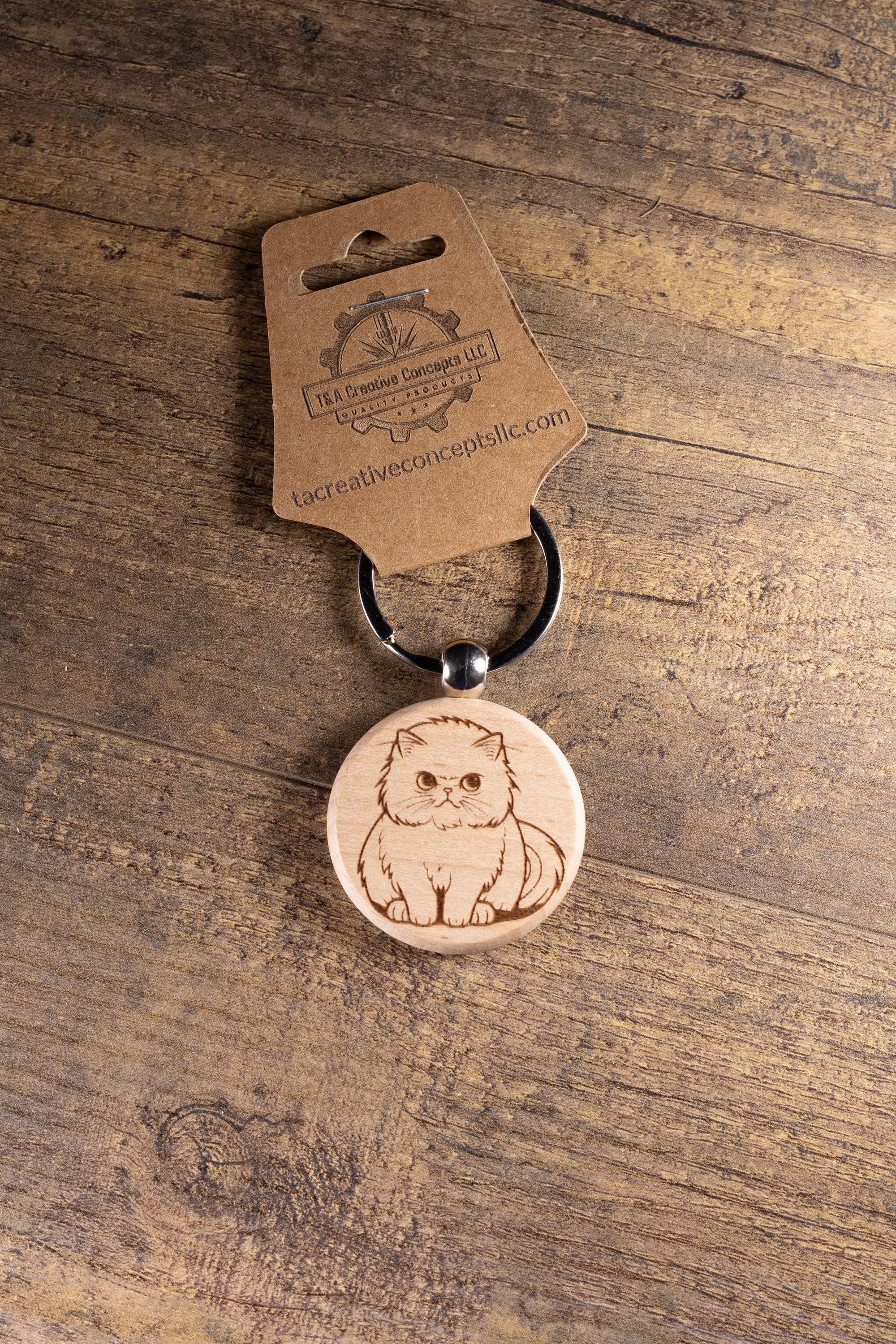 Laser Engraved Wood Cat Keychain / Bag Charm – Cute Cat Lover Gift – Natural Wood Cat Accessory