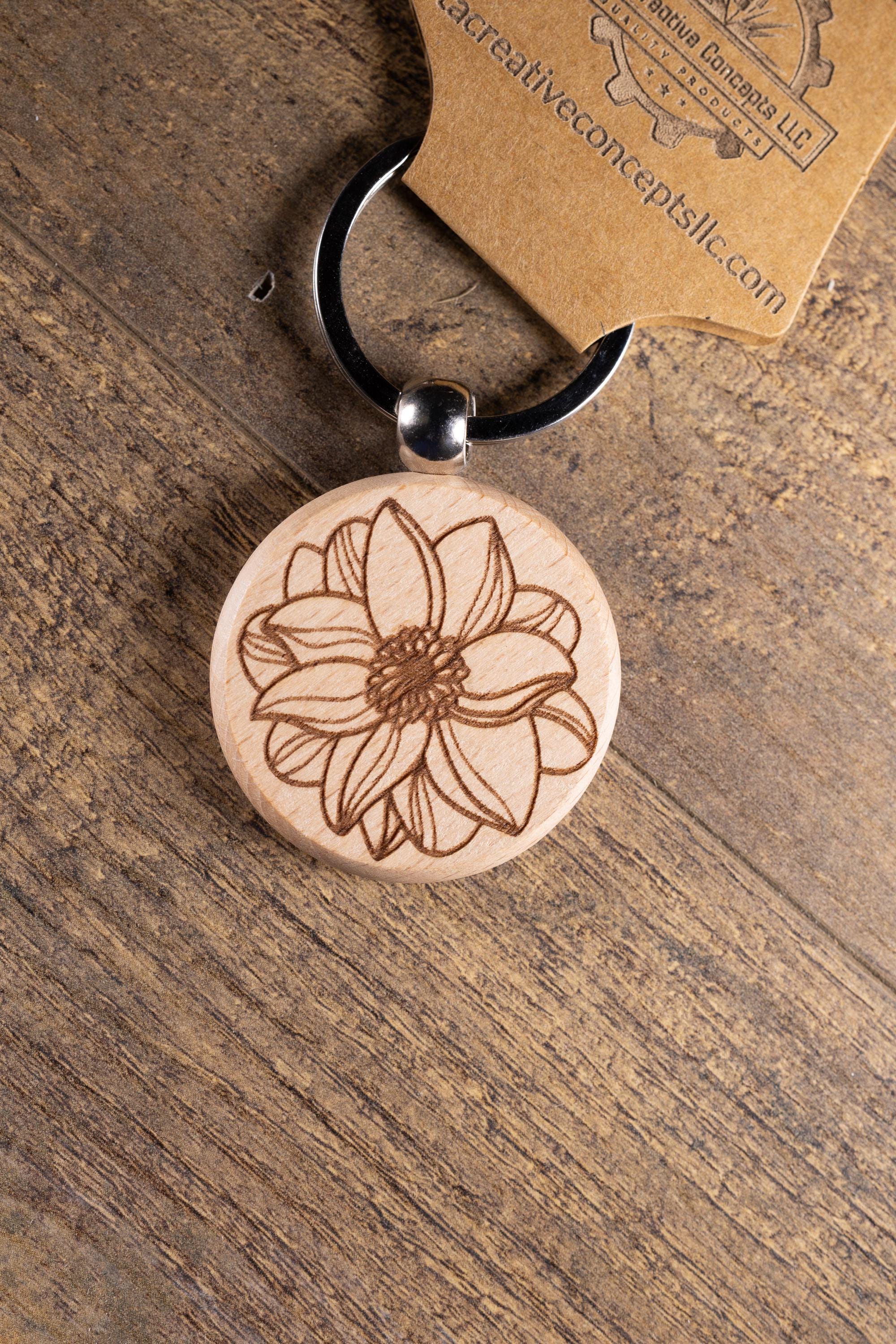 Laser Engraved Wood Flower Mandala Keychain / Bag Charm – Hardwood with Stainless Hardware