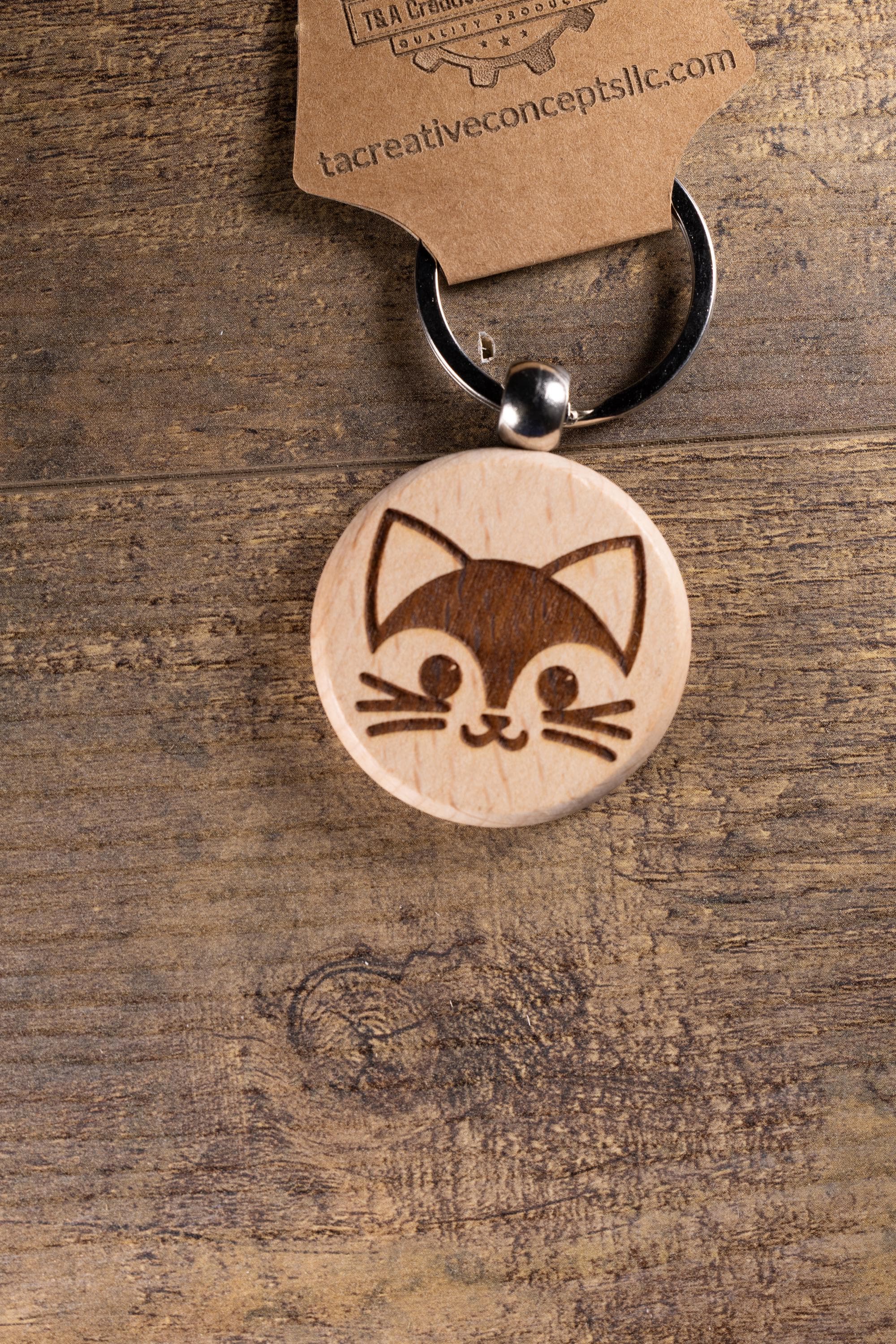 Laser Engraved Wood Cat Keychain / Bag Charm – Cute Cat Lover Gift – Natural Wood Cat Accessory