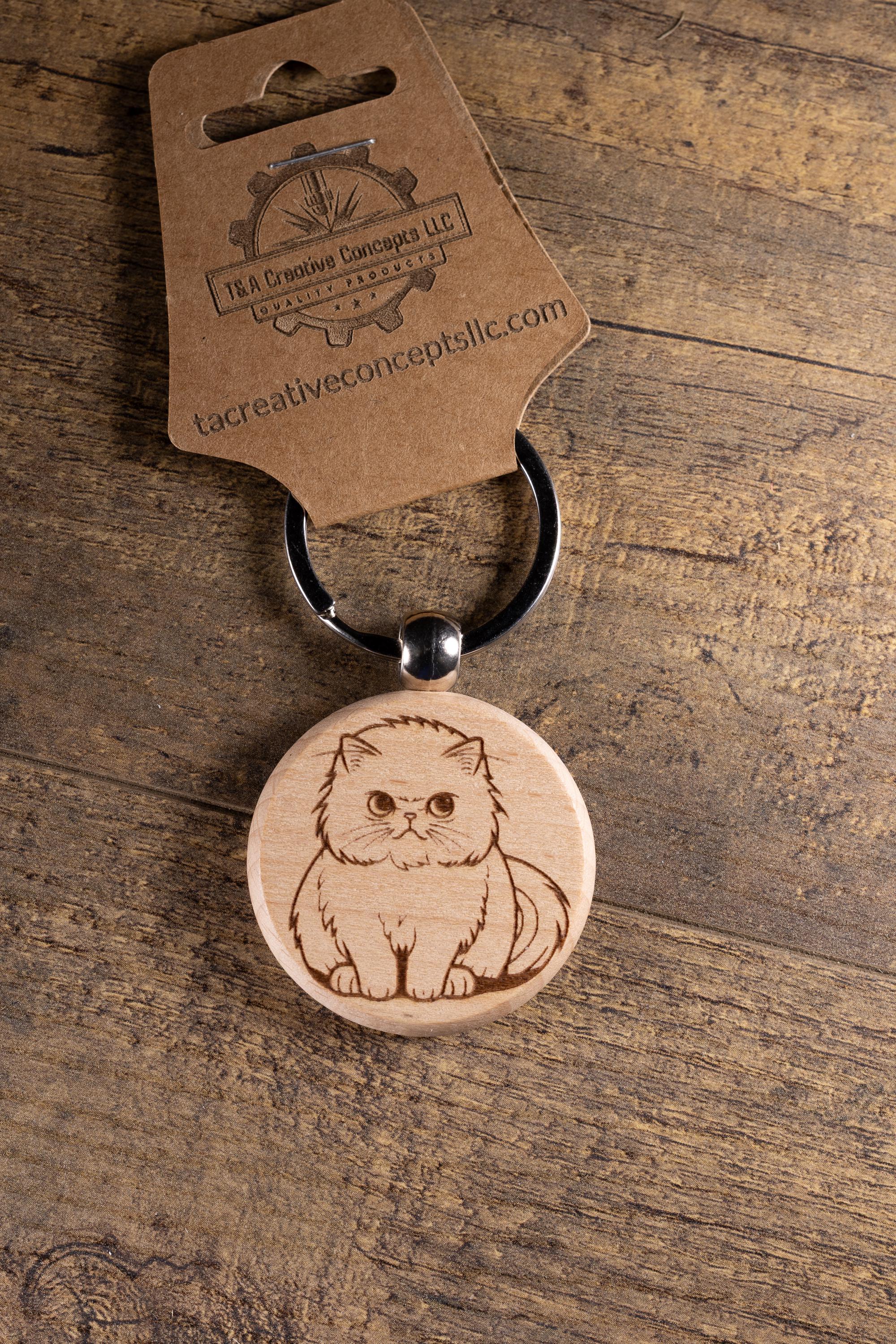 Laser Engraved Wood Cat Keychain / Bag Charm – Cute Cat Lover Gift – Natural Wood Cat Accessory