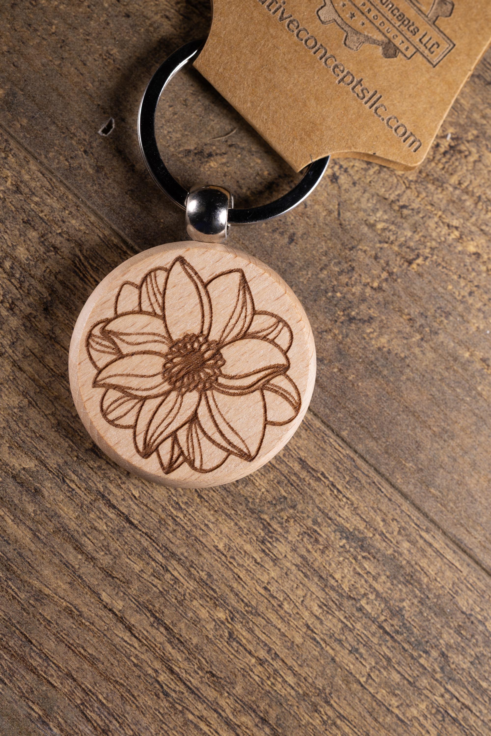 Laser Engraved Wood Flower Mandala Keychain / Bag Charm – Hardwood with Stainless Hardware
