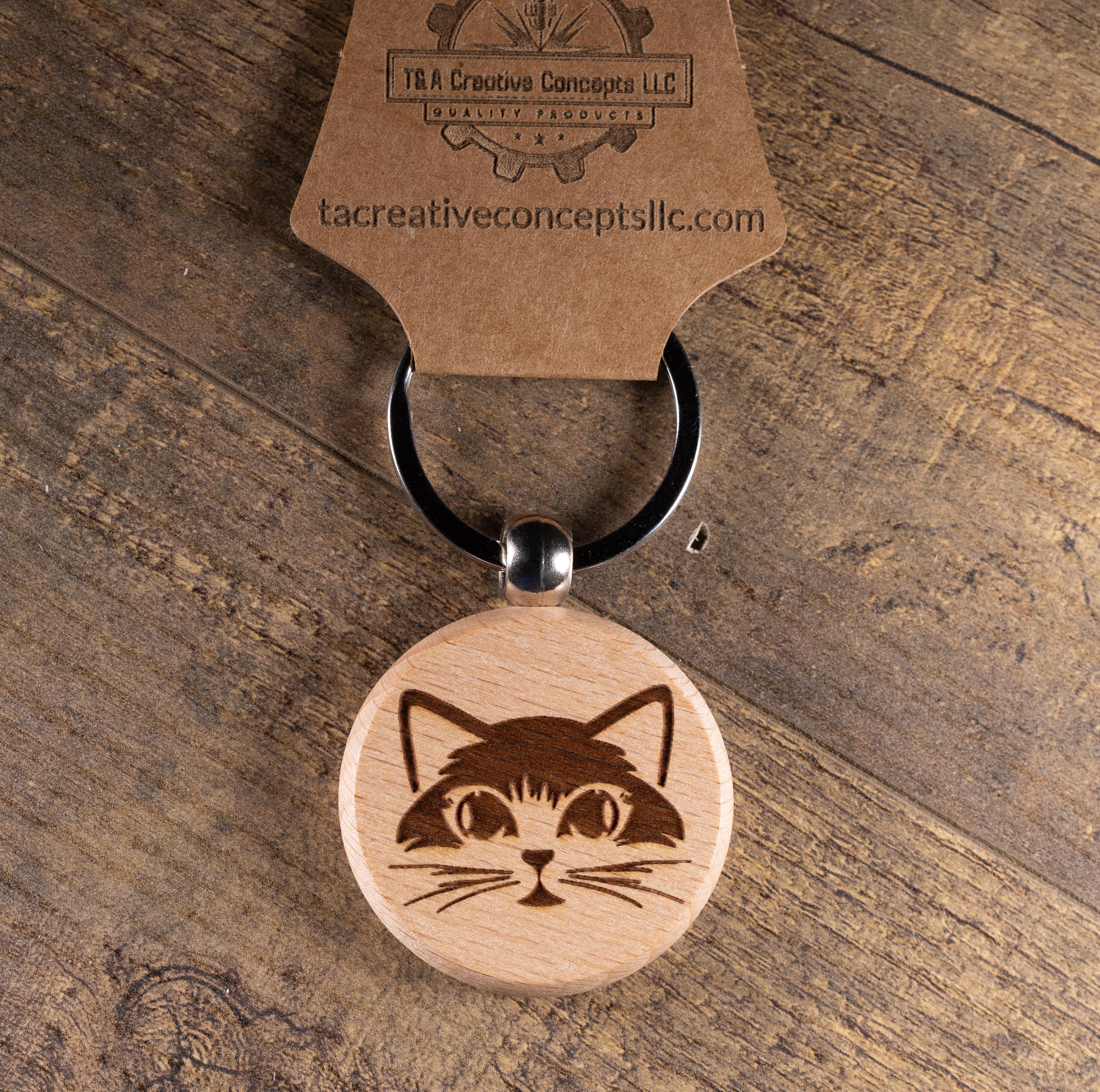 Laser Engraved Wood Cat Keychain / Bag Charm – Cute Cat Lover Gift – Natural Wood Cat Accessory