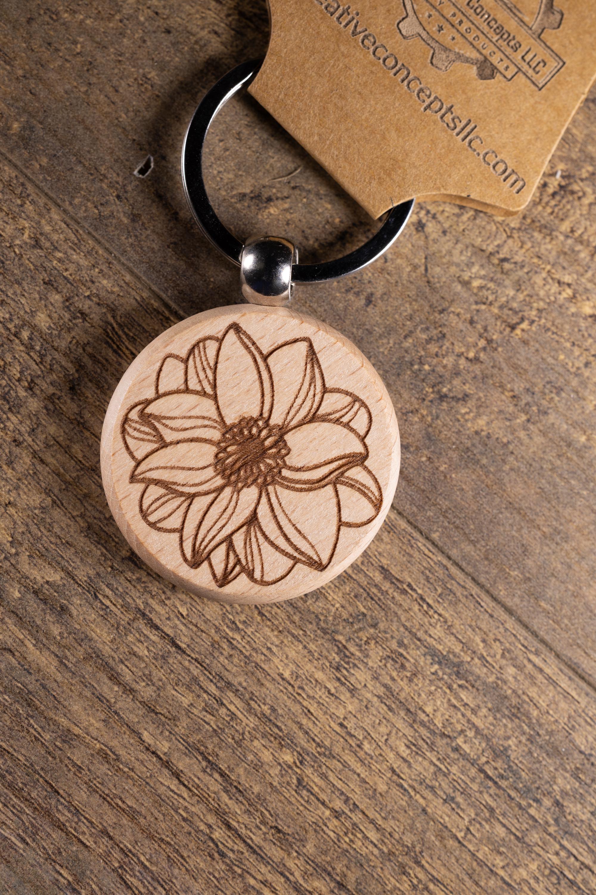 Laser Engraved Wood Flower Mandala Keychain / Bag Charm – Hardwood with Stainless Hardware