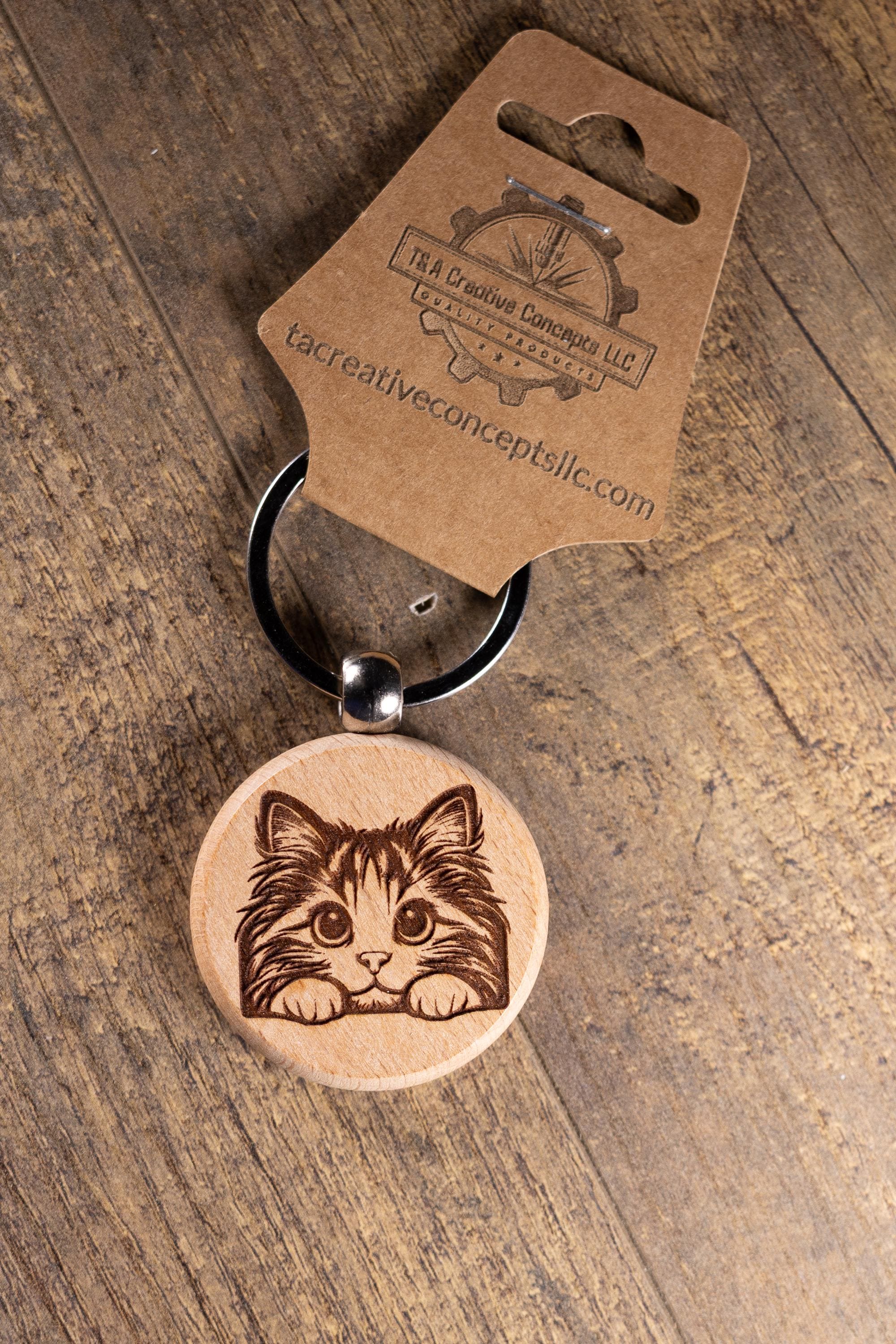Laser Engraved Wood Cat Keychain / Bag Charm – Cute Cat Lover Gift – Natural Wood Cat Accessory