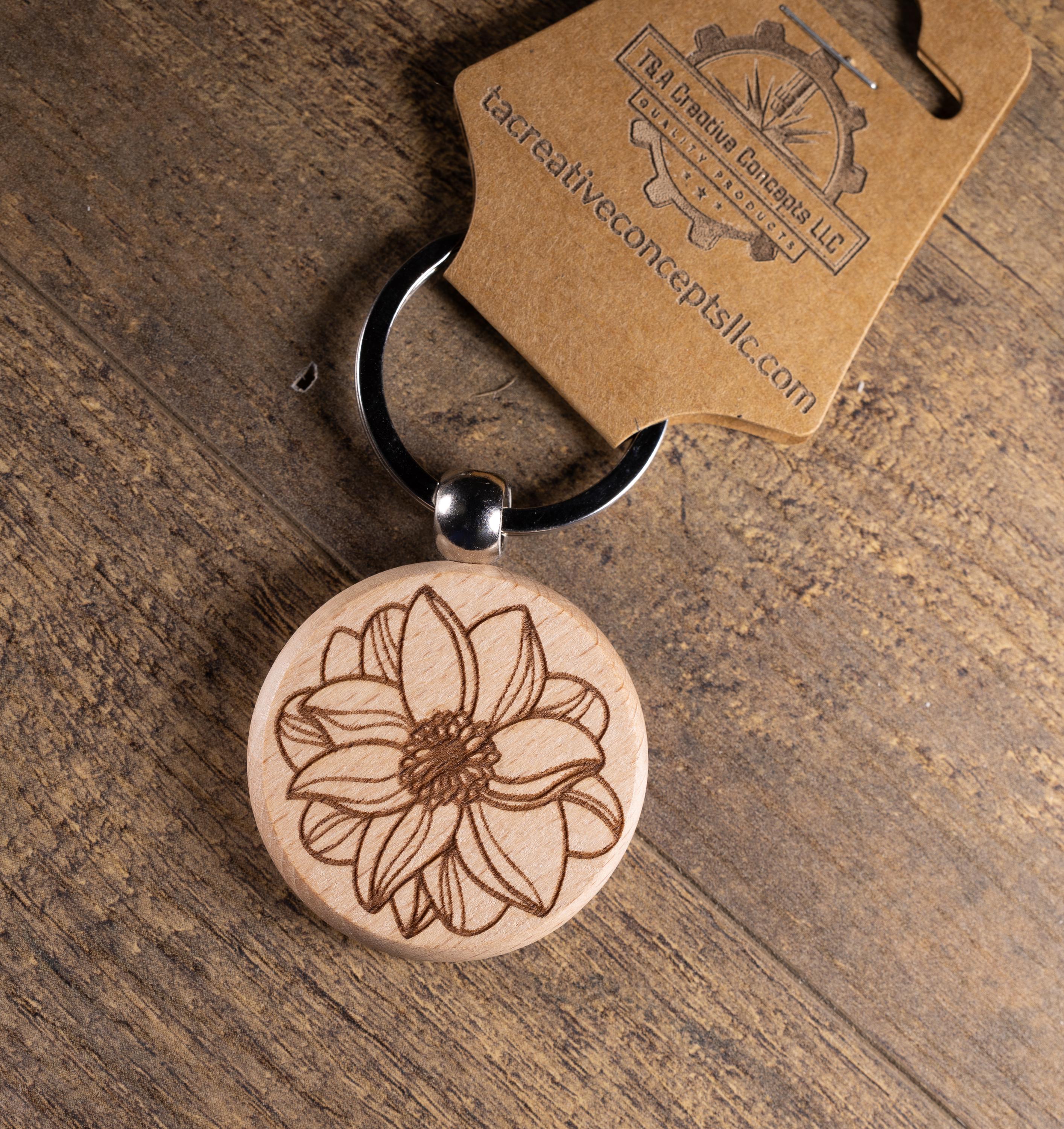 Laser Engraved Wood Flower Mandala Keychain / Bag Charm – Hardwood with Stainless Hardware