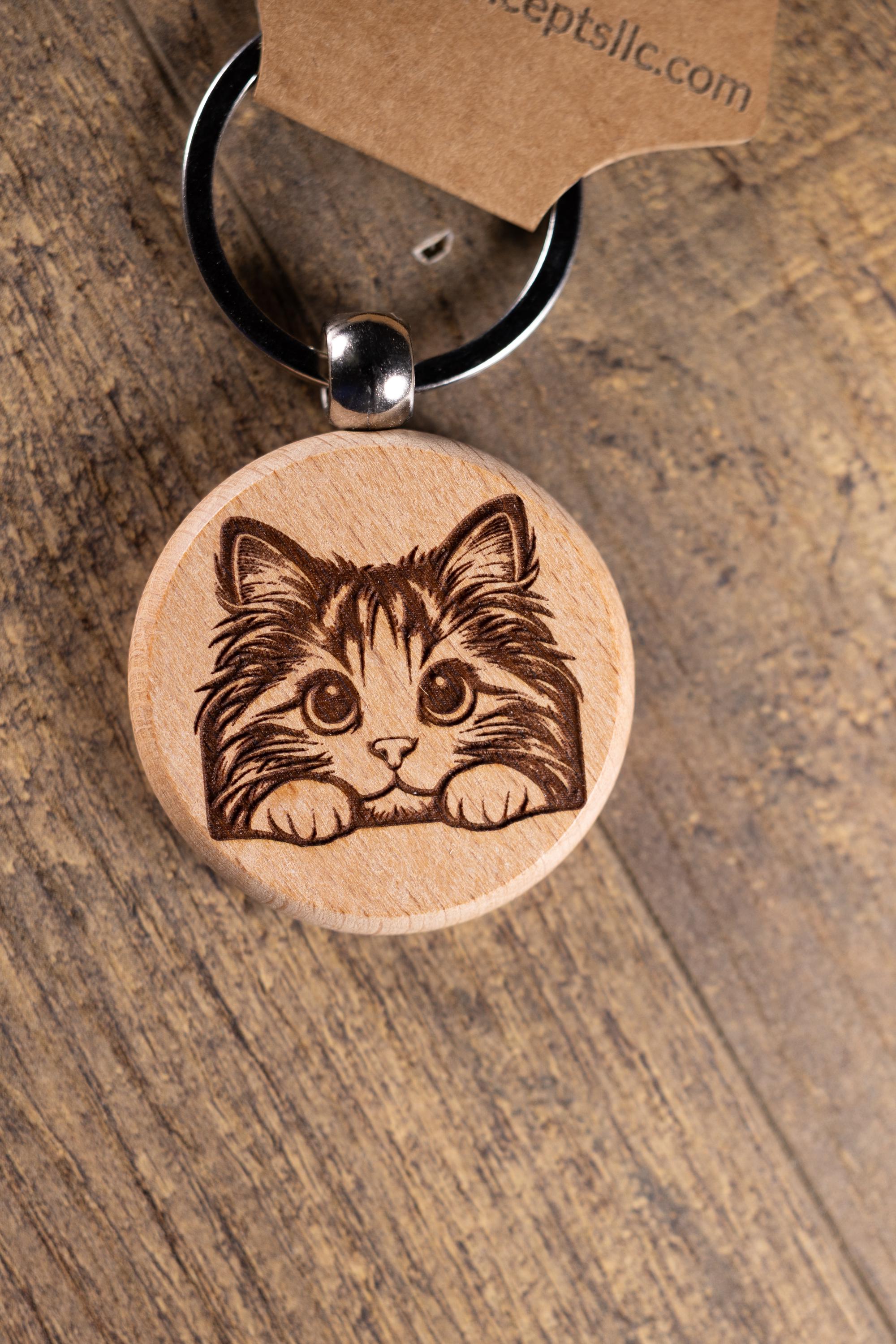 Laser Engraved Wood Cat Keychain / Bag Charm – Cute Cat Lover Gift – Natural Wood Cat Accessory