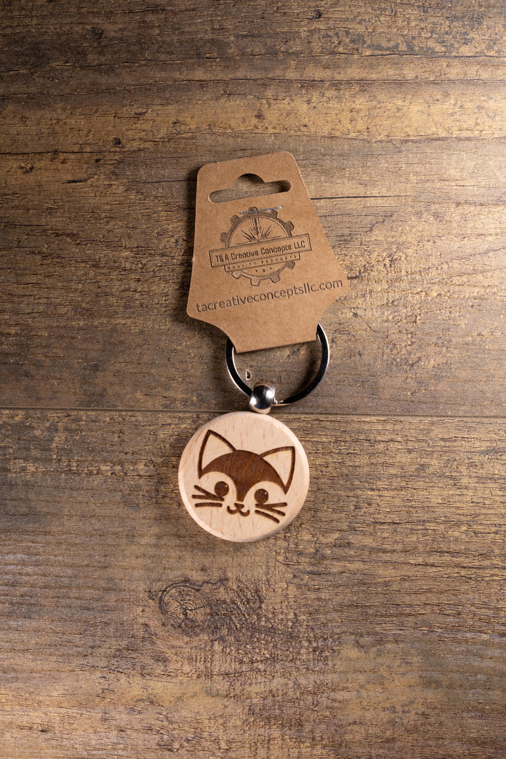 Laser Engraved Wood Cat Keychain / Bag Charm – Cute Cat Lover Gift – Natural Wood Cat Accessory