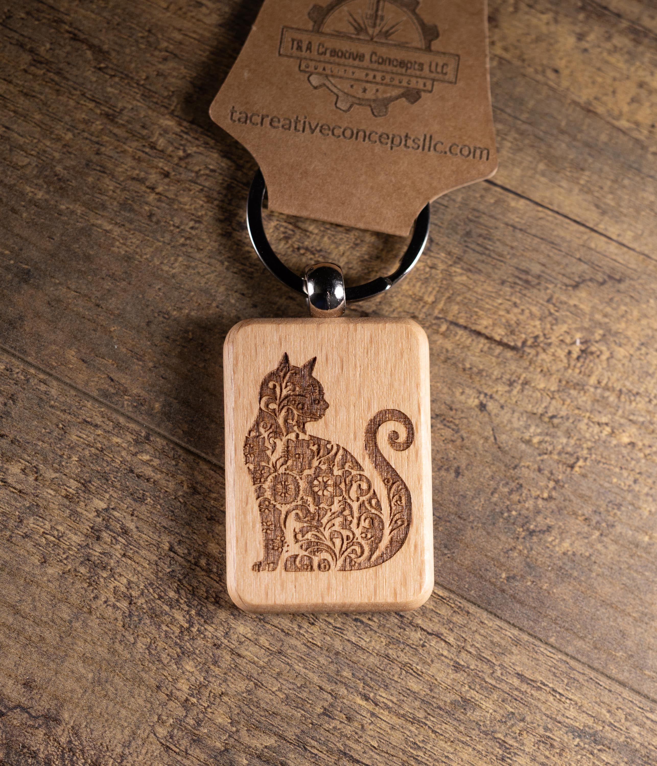 Laser Engraved Wood Cat Keychain / Bag Charm – Cute Cat Lover Gift – Natural Wood Cat Accessory