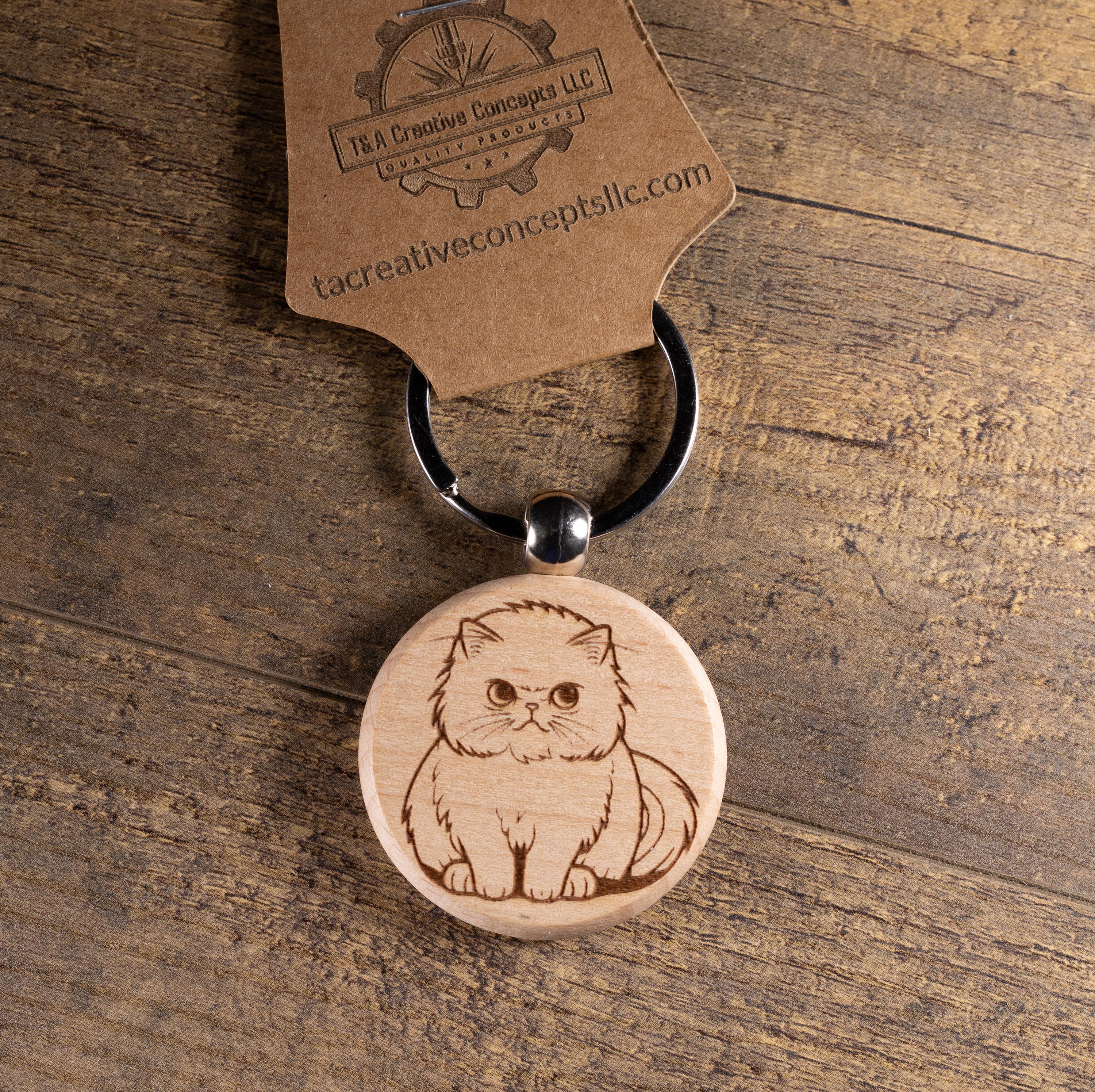 Laser Engraved Wood Cat Keychain / Bag Charm – Cute Cat Lover Gift – Natural Wood Cat Accessory