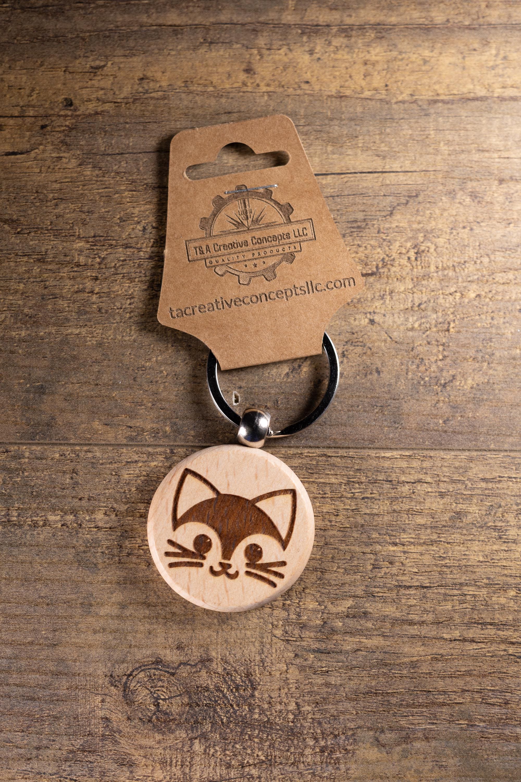 Laser Engraved Wood Cat Keychain / Bag Charm – Cute Cat Lover Gift – Natural Wood Cat Accessory
