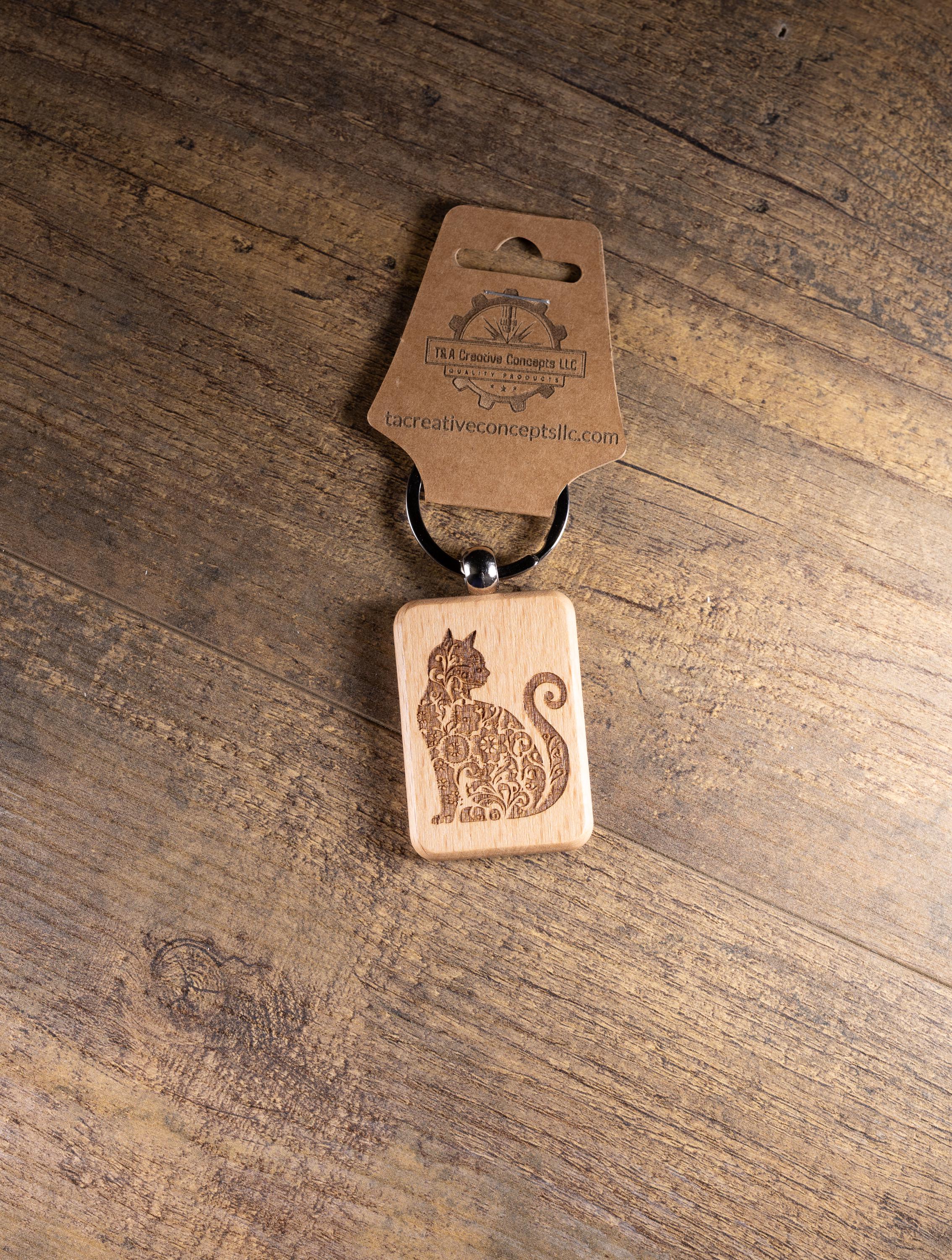 Laser Engraved Wood Cat Keychain / Bag Charm – Cute Cat Lover Gift – Natural Wood Cat Accessory