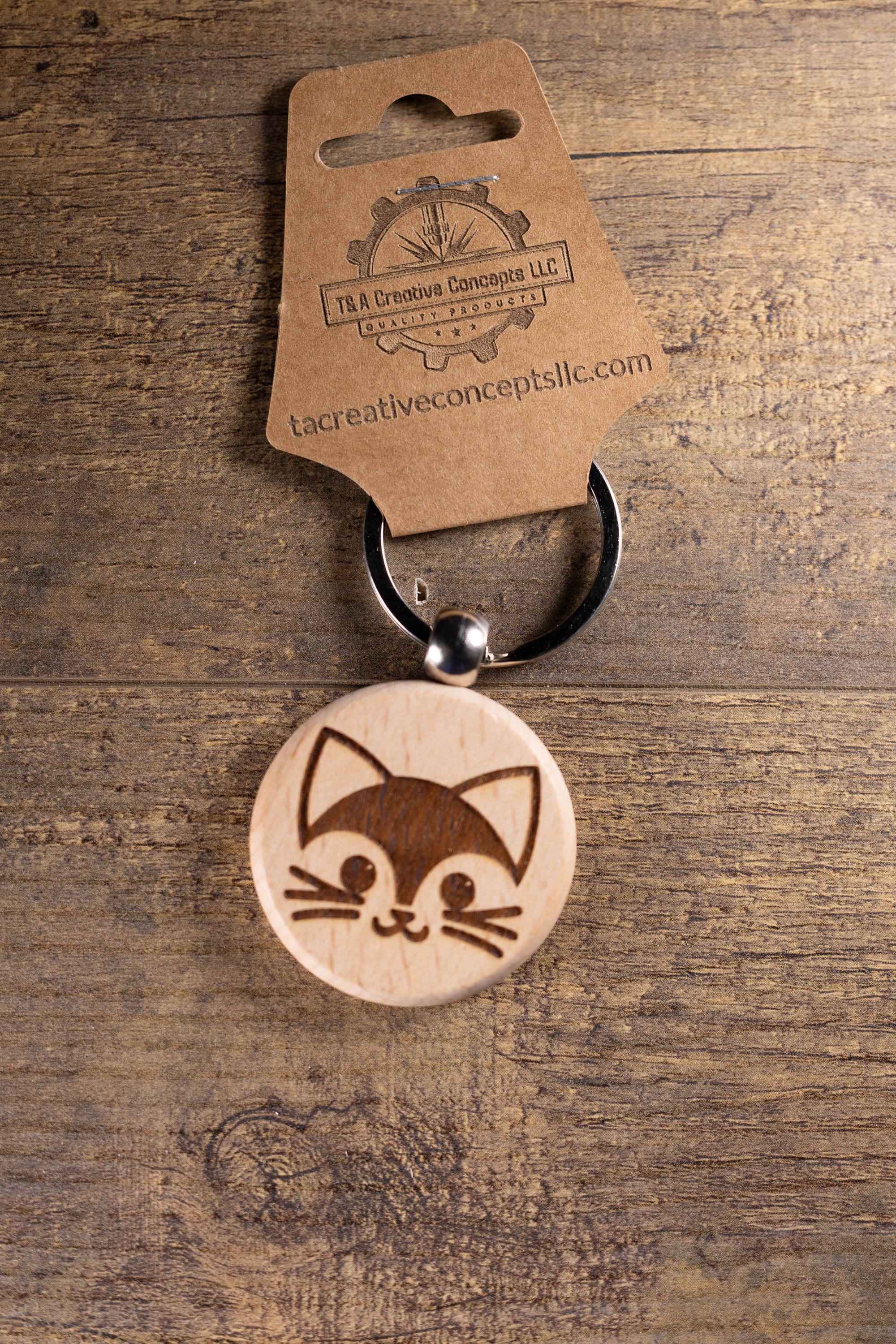 Laser Engraved Wood Cat Keychain / Bag Charm – Cute Cat Lover Gift – Natural Wood Cat Accessory