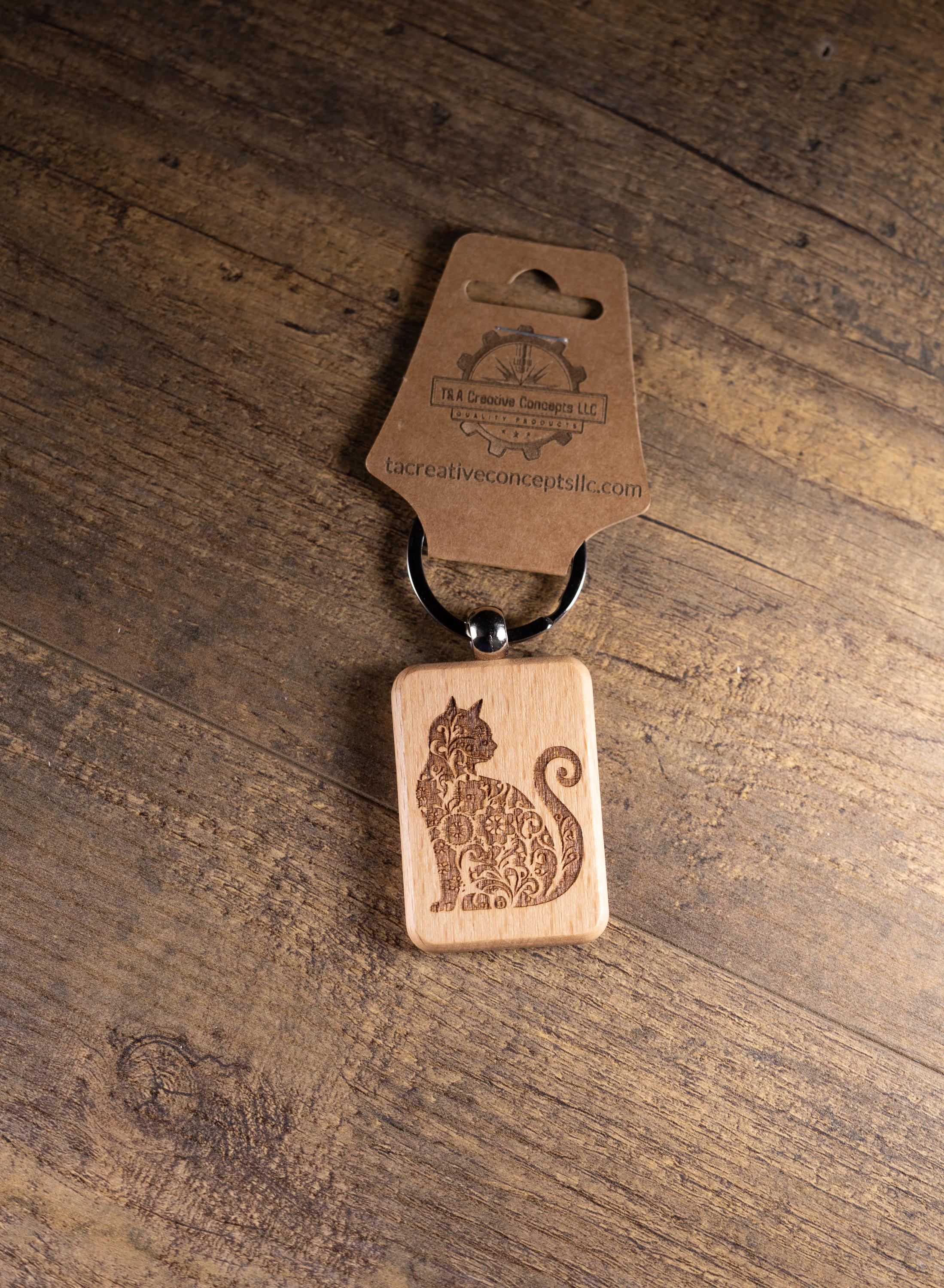 Laser Engraved Wood Cat Keychain / Bag Charm – Cute Cat Lover Gift – Natural Wood Cat Accessory