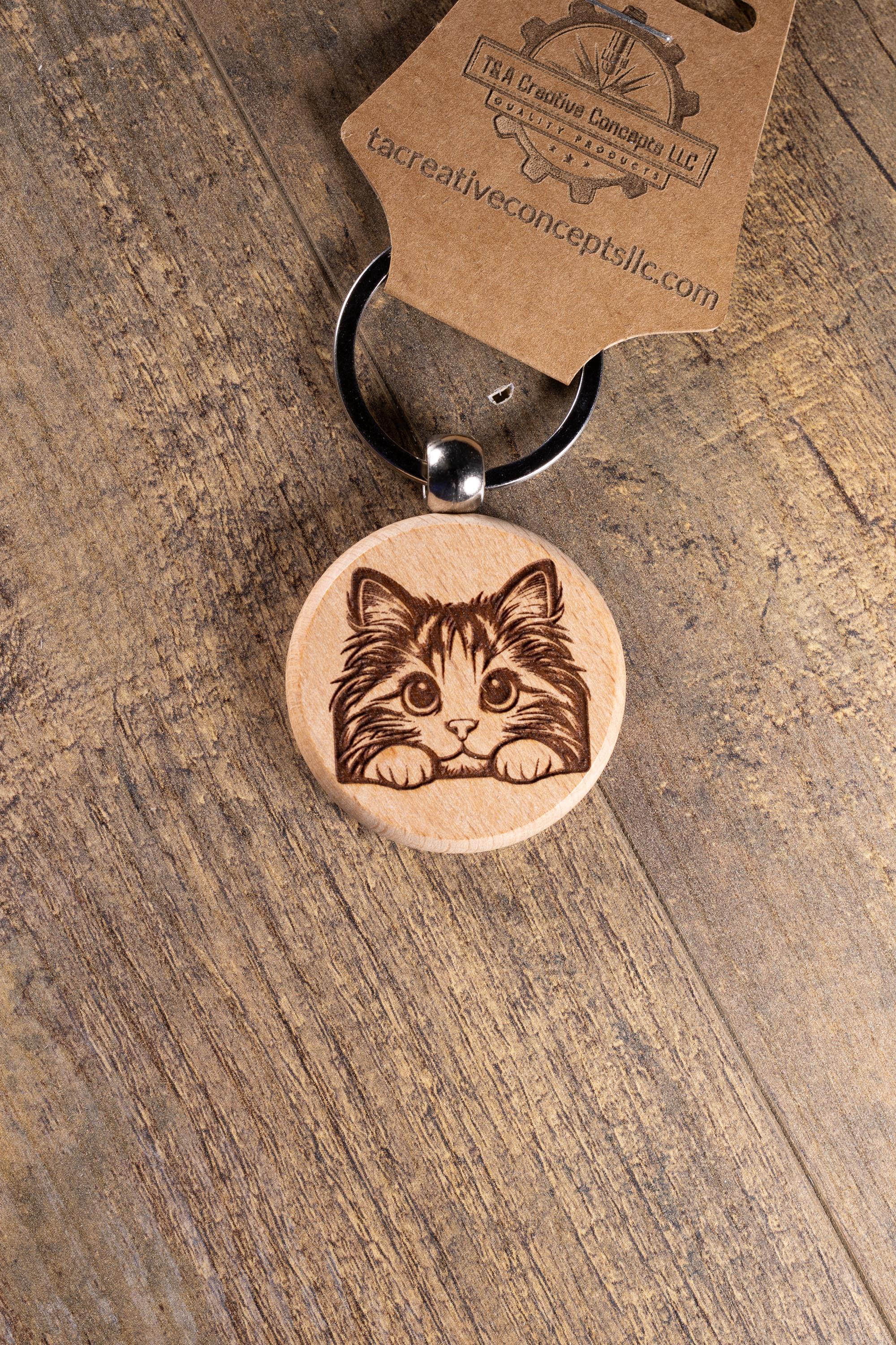 Laser Engraved Wood Cat Keychain / Bag Charm – Cute Cat Lover Gift – Natural Wood Cat Accessory