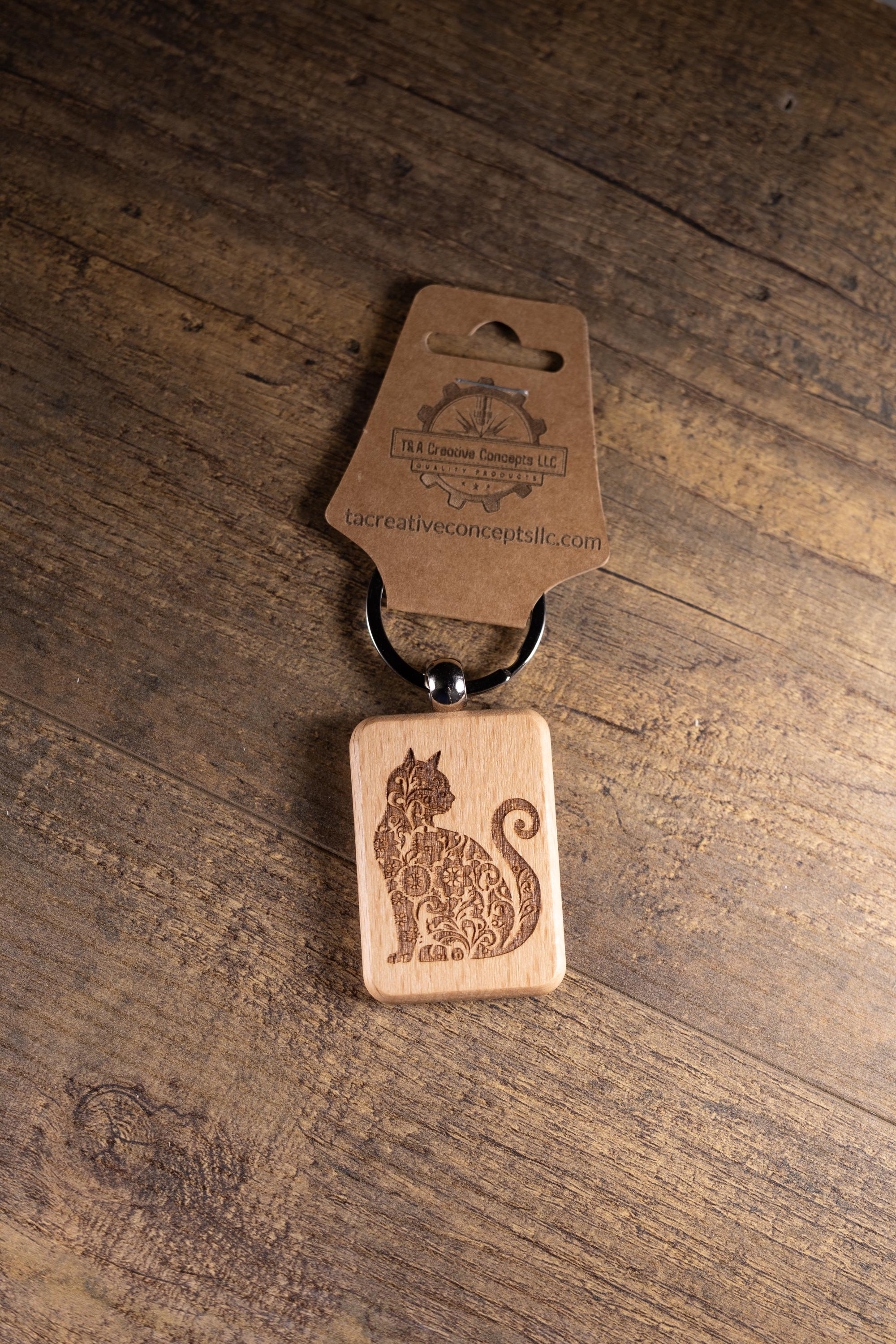 Laser Engraved Wood Cat Keychain / Bag Charm – Cute Cat Lover Gift – Natural Wood Cat Accessory