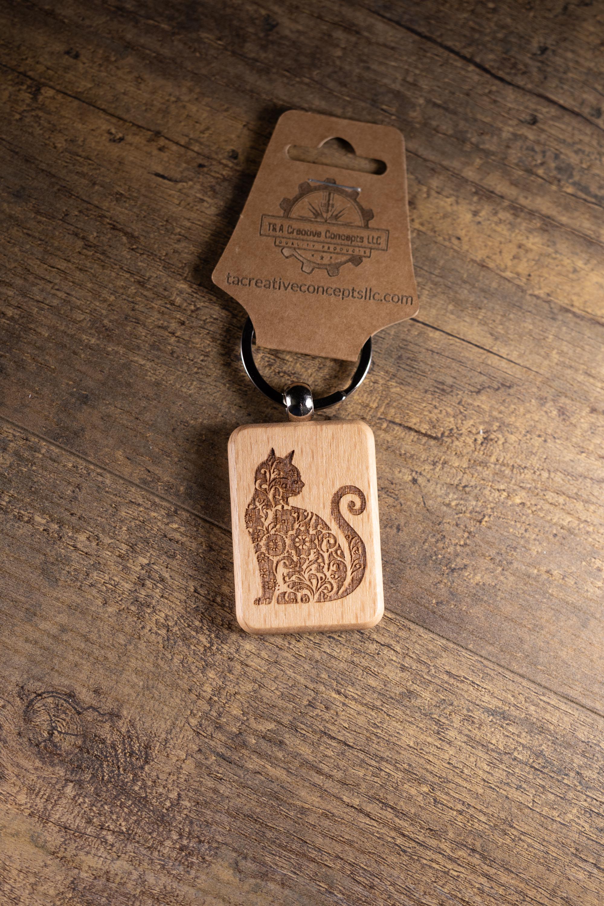 Laser Engraved Wood Cat Keychain / Bag Charm – Cute Cat Lover Gift – Natural Wood Cat Accessory
