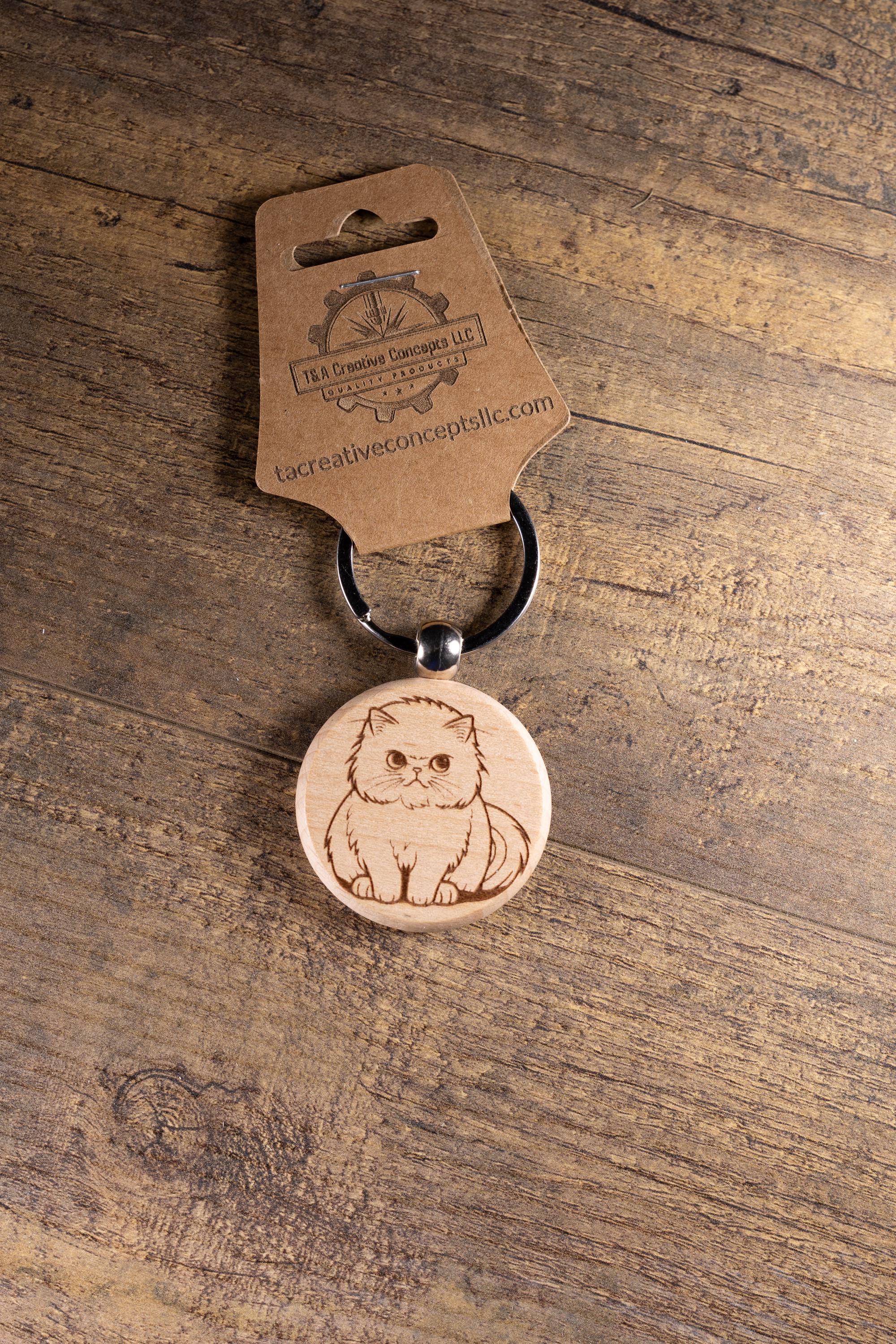 Laser Engraved Wood Cat Keychain / Bag Charm – Cute Cat Lover Gift – Natural Wood Cat Accessory