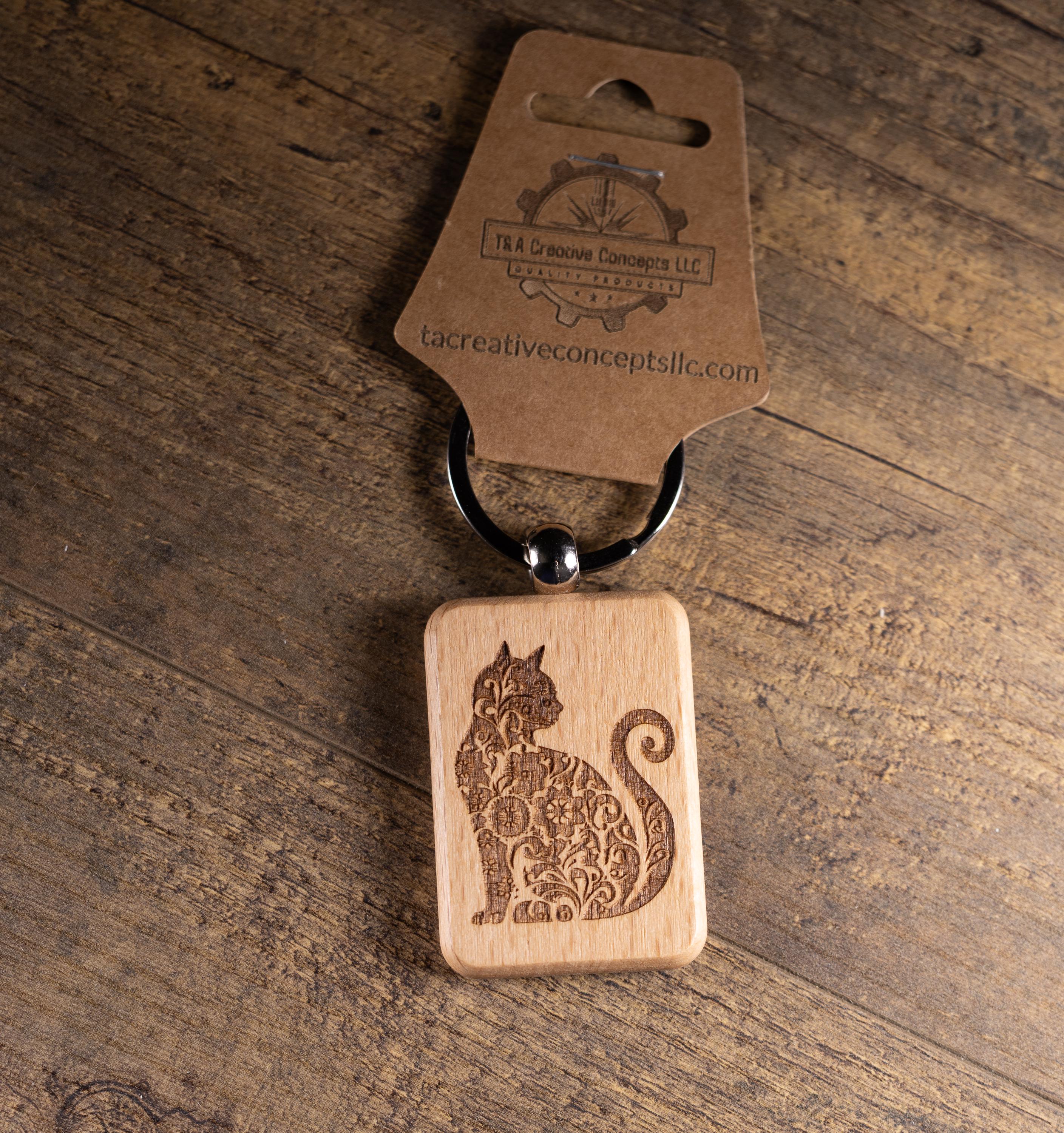 Laser Engraved Wood Cat Keychain / Bag Charm – Cute Cat Lover Gift – Natural Wood Cat Accessory