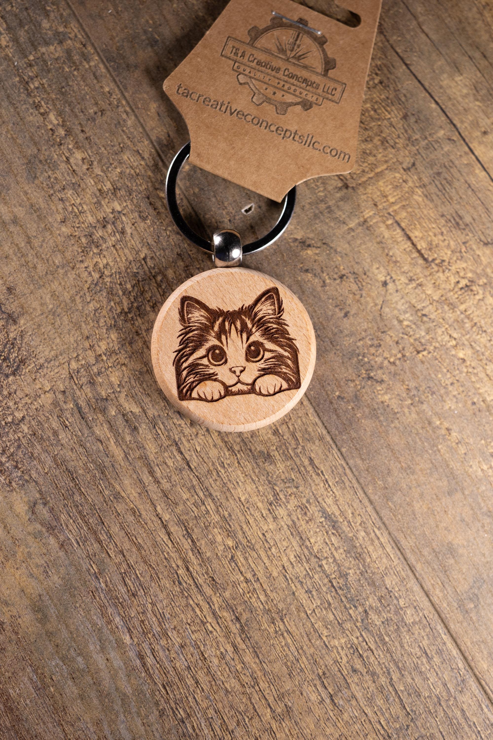 Laser Engraved Wood Cat Keychain / Bag Charm – Cute Cat Lover Gift – Natural Wood Cat Accessory