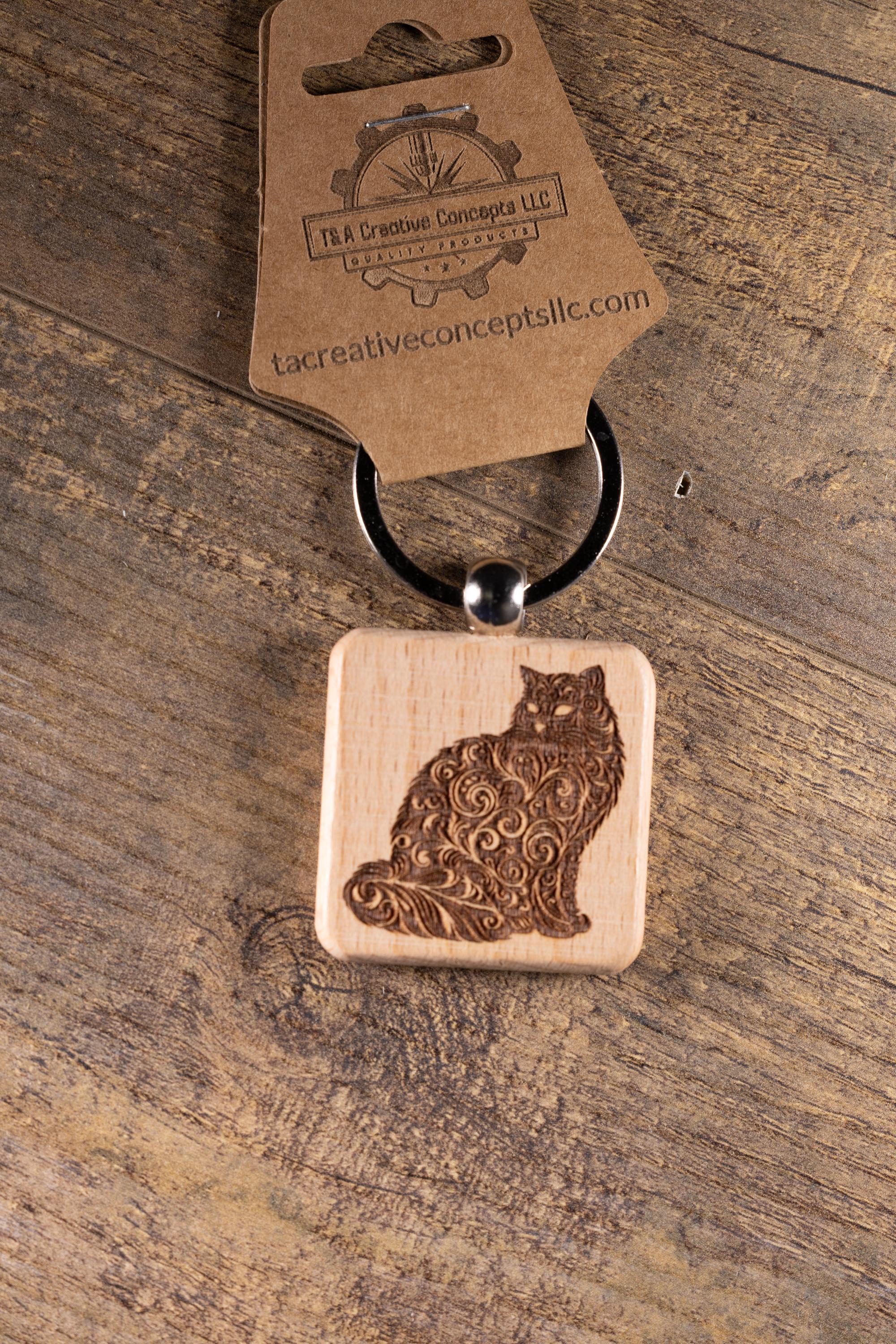 Laser Engraved Wood Cat Keychain / Bag Charm – Cute Cat Lover Gift – Natural Wood Cat Accessory