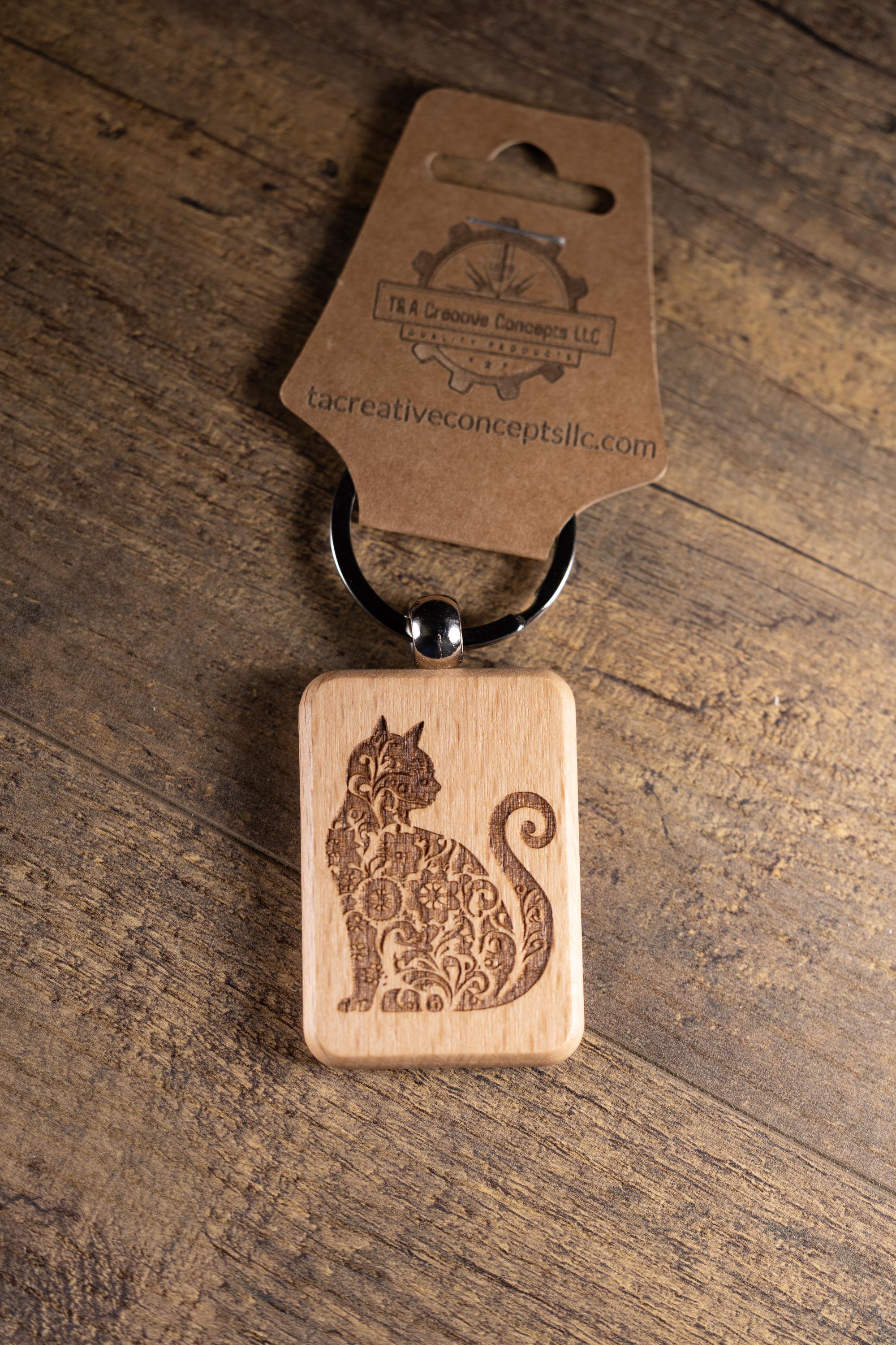 Laser Engraved Wood Cat Keychain / Bag Charm – Cute Cat Lover Gift – Natural Wood Cat Accessory