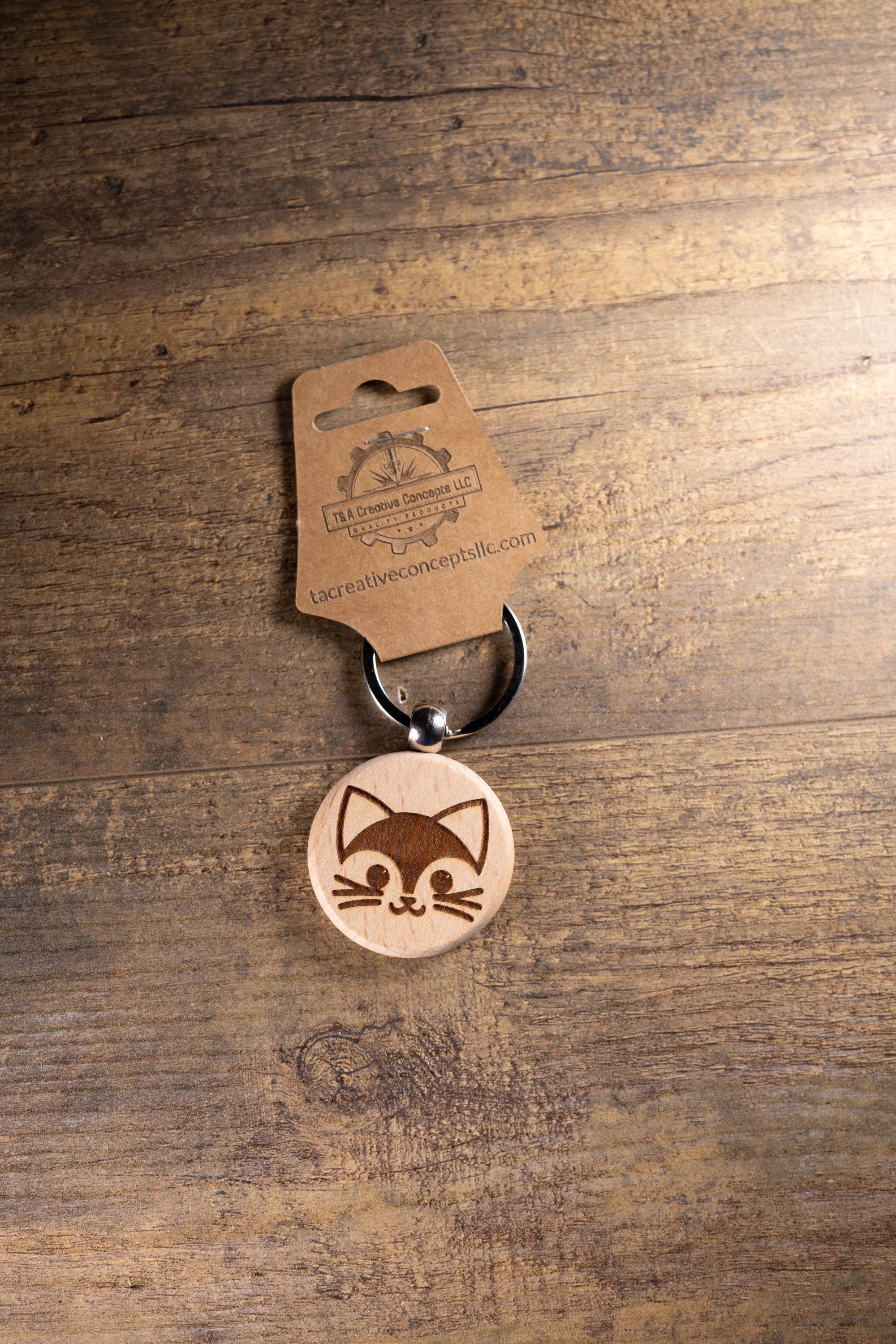 Laser Engraved Wood Cat Keychain / Bag Charm – Cute Cat Lover Gift – Natural Wood Cat Accessory