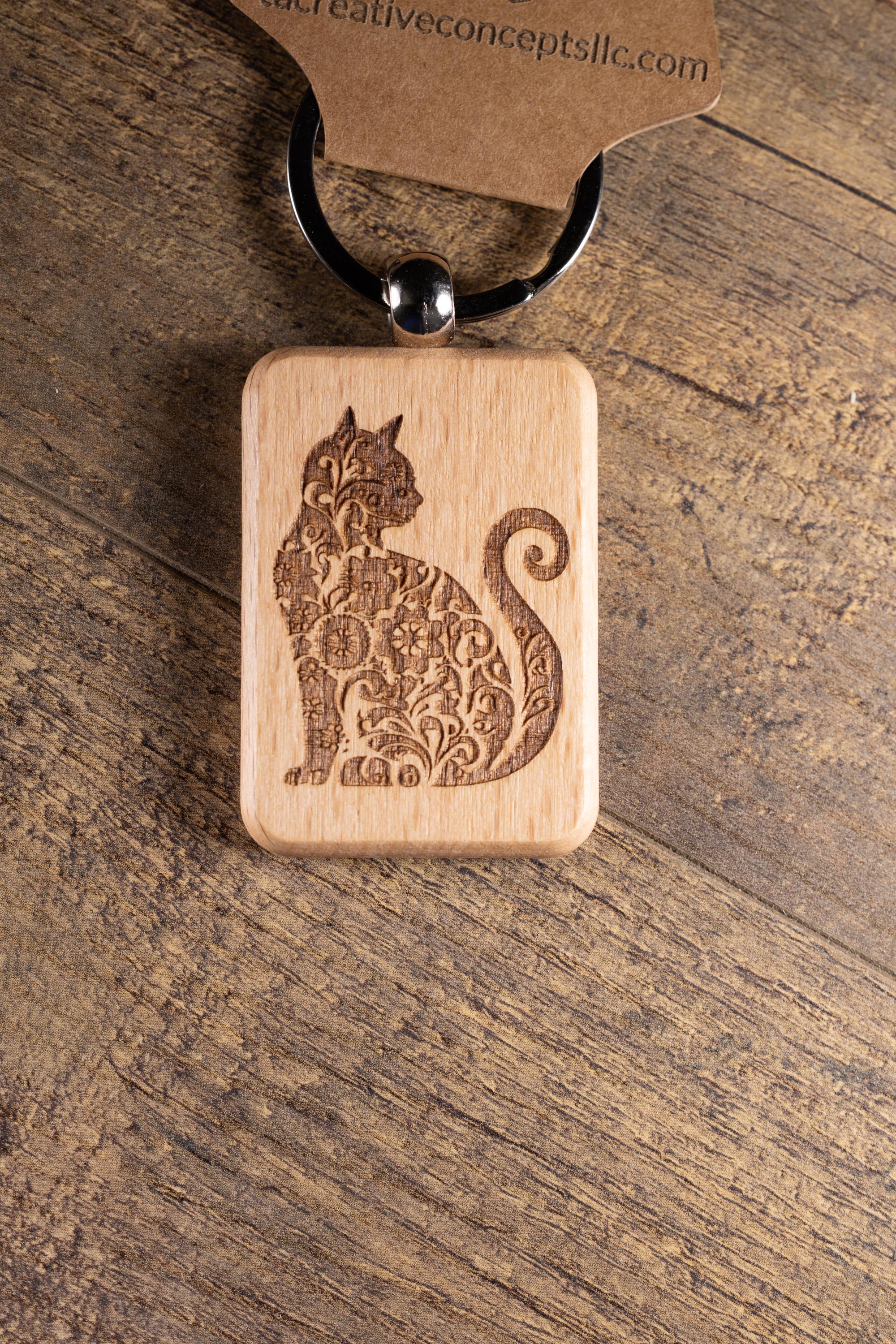 Laser Engraved Wood Cat Keychain / Bag Charm – Cute Cat Lover Gift – Natural Wood Cat Accessory