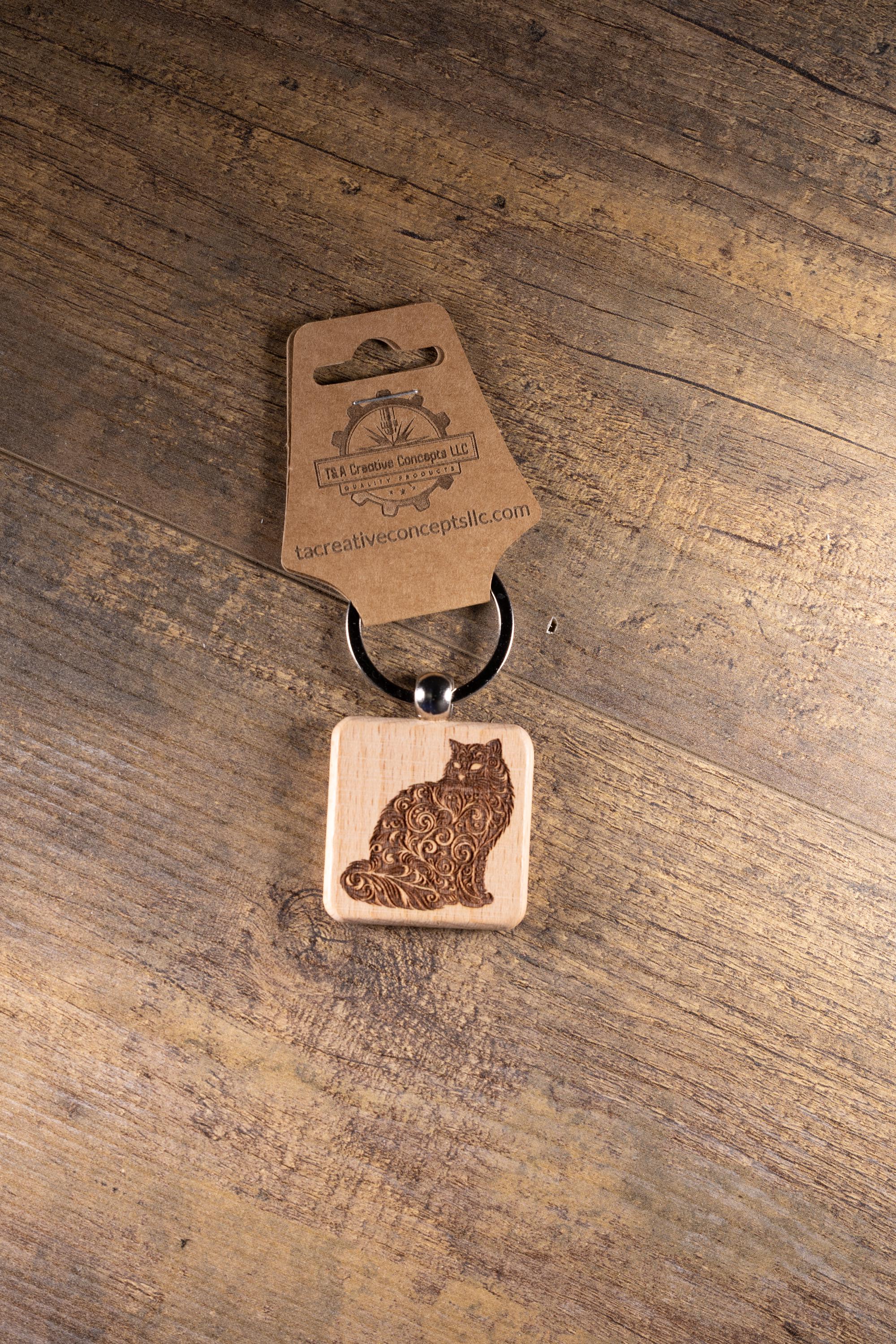 Laser Engraved Wood Cat Keychain / Bag Charm – Cute Cat Lover Gift – Natural Wood Cat Accessory