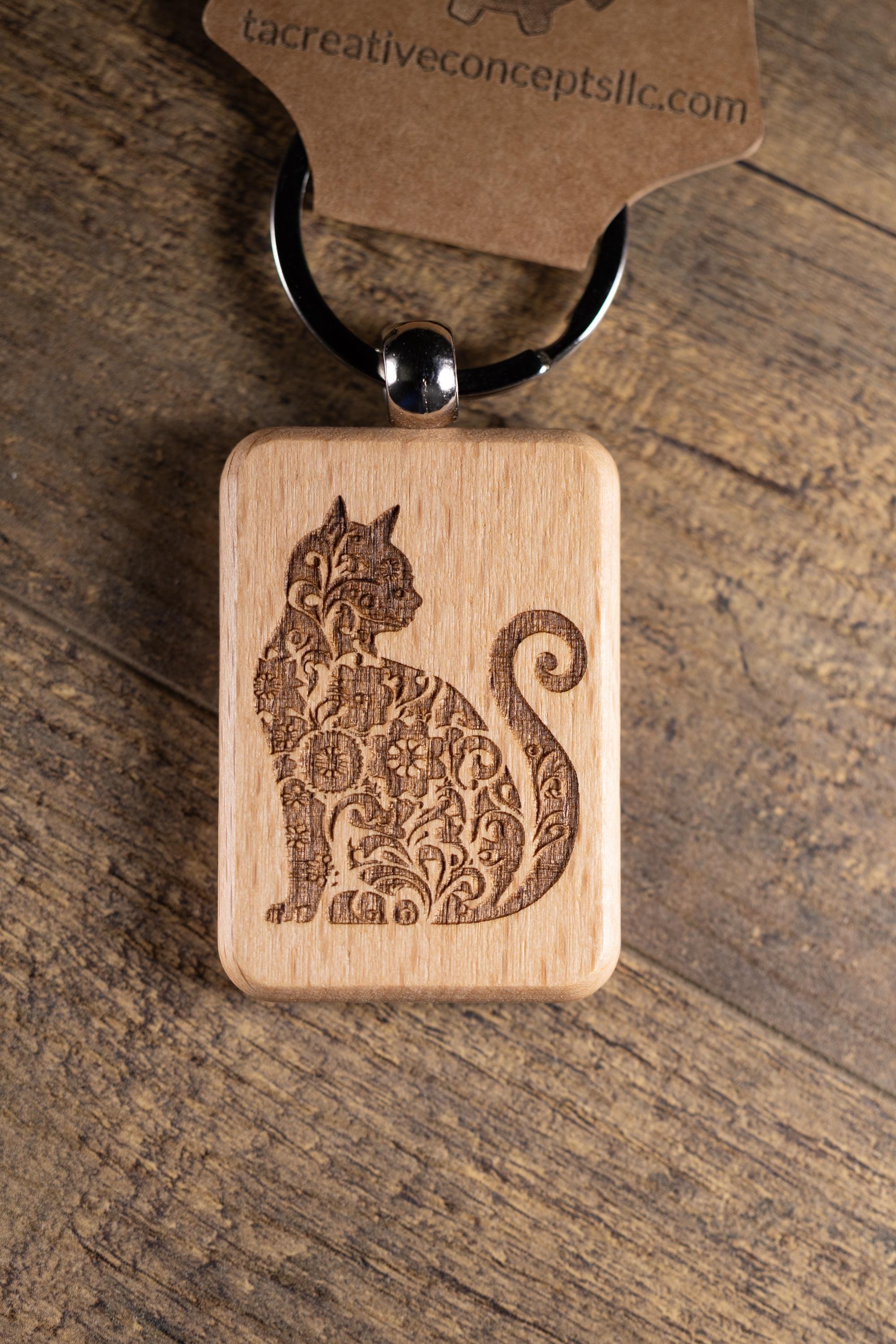 Laser Engraved Wood Cat Keychain / Bag Charm – Cute Cat Lover Gift – Natural Wood Cat Accessory